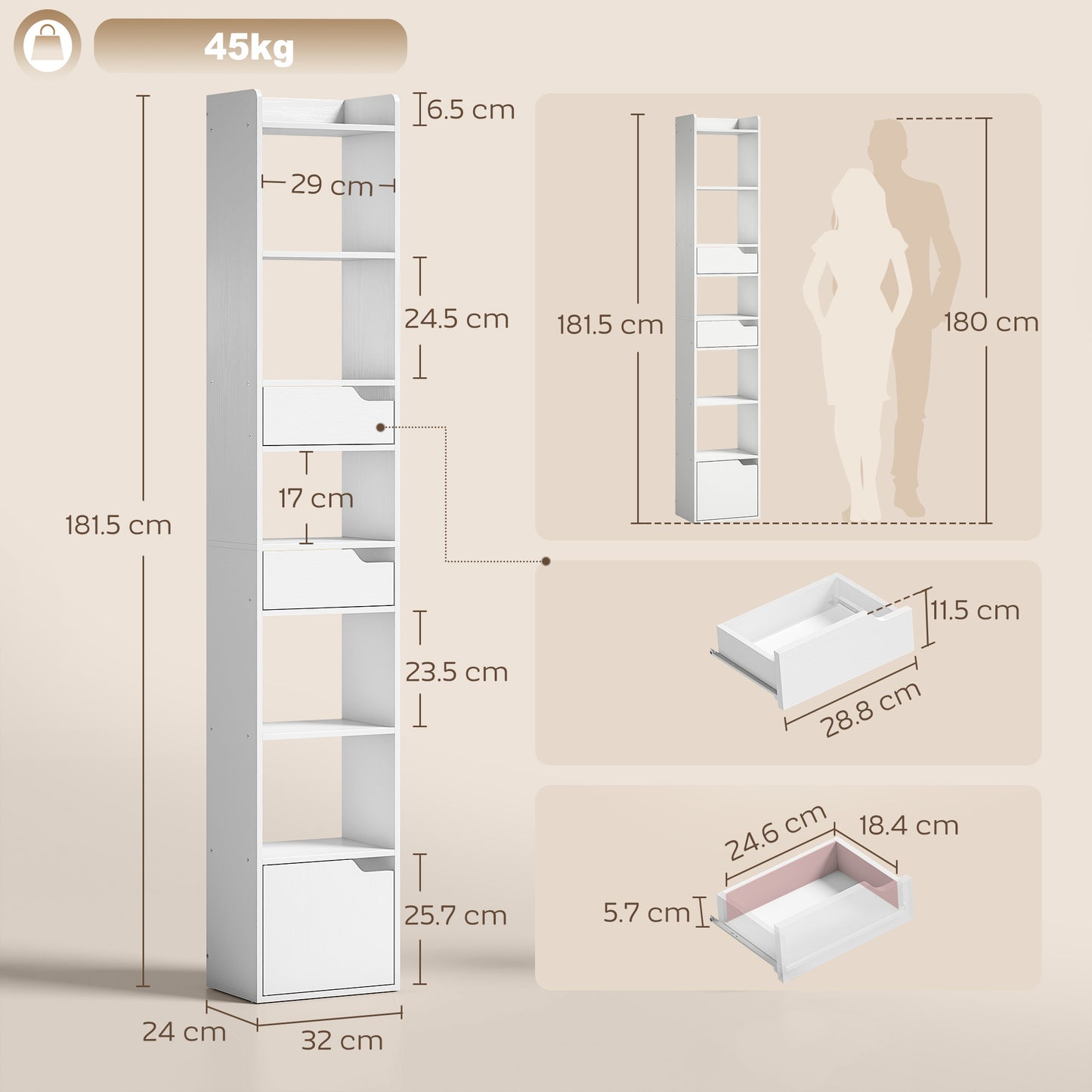 HOMCOM Tall Narrow Bookcase With 5 Tiers And Drawers Freestanding White Wood Effect Living Room Storage Cabinet