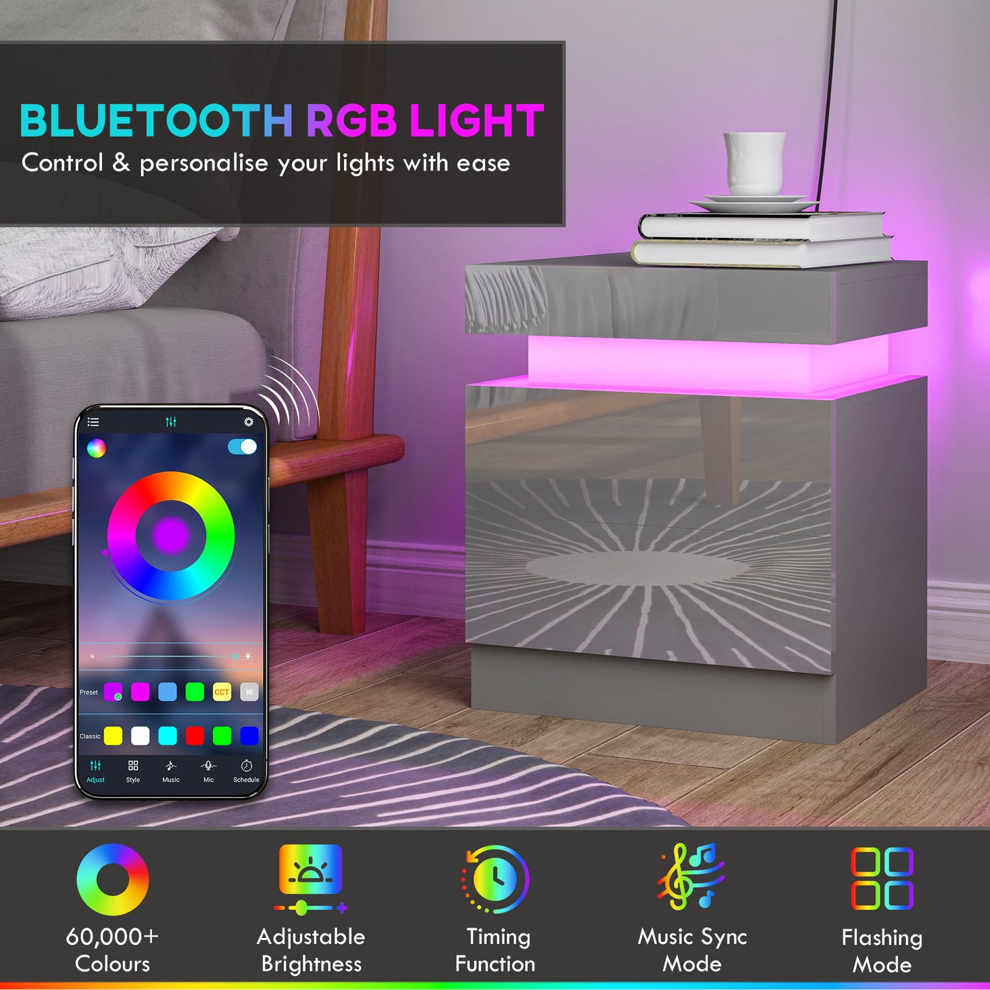 HOMCOM Grey Bedside Table With LED Light Panel And Bluetooth Music Sync High Gloss Front Nightstand With 2 Drawers