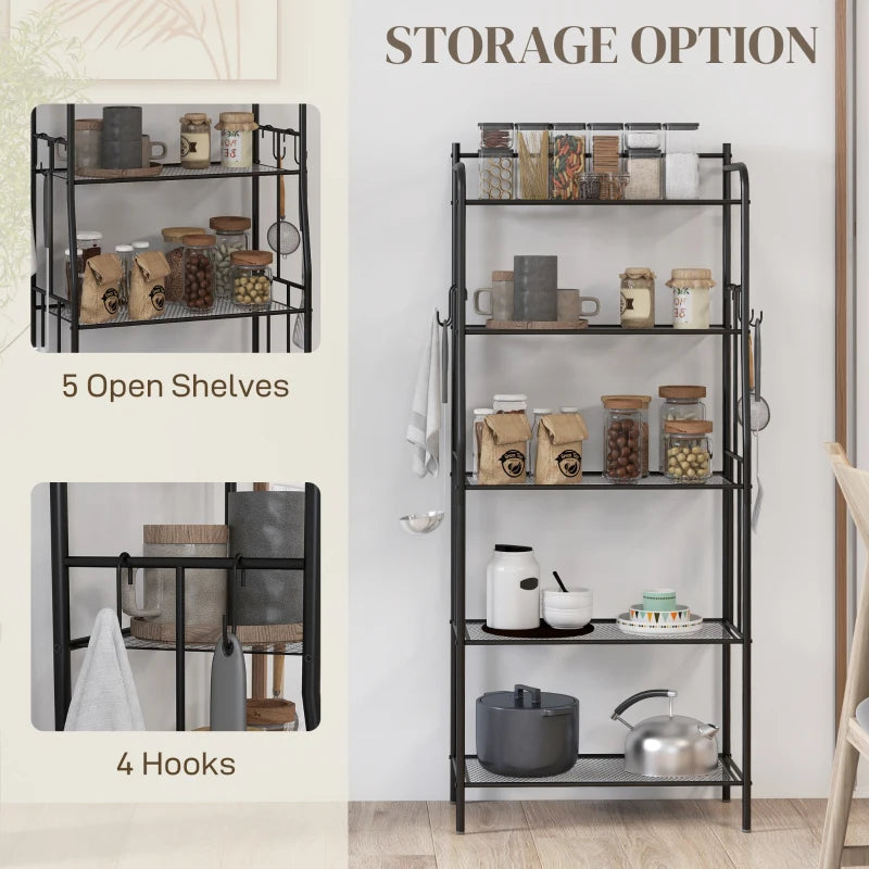 HOMCOM Five-Tier Black Steel Frame Kitchen Storage Shelving Unit with Adjustable Shelves - ALL4U RETAILER LTD