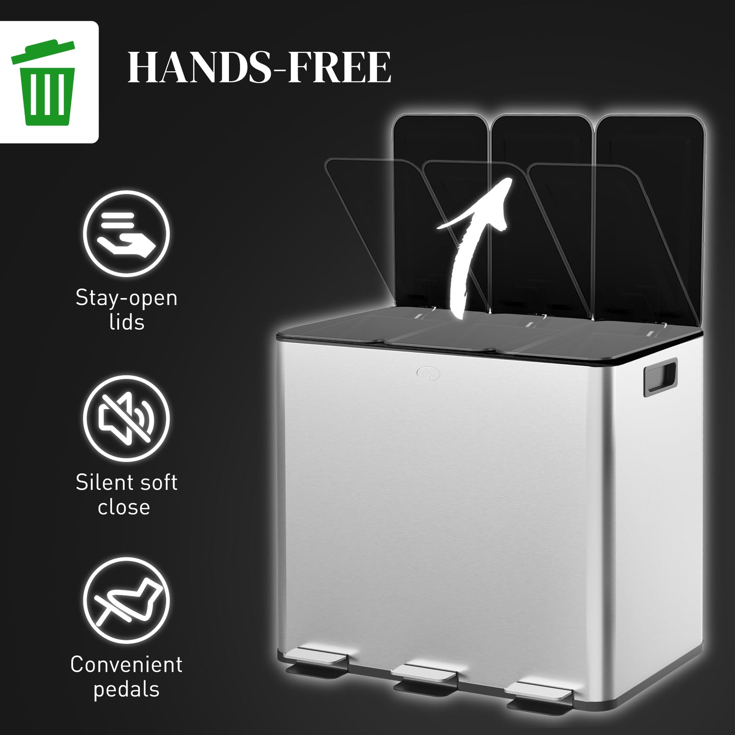 HOMCOM 3 X 15L Pedal Bin Stainless Steel Triple Kitchen Bin With Soft Close Lid And Removable Inner Buckets