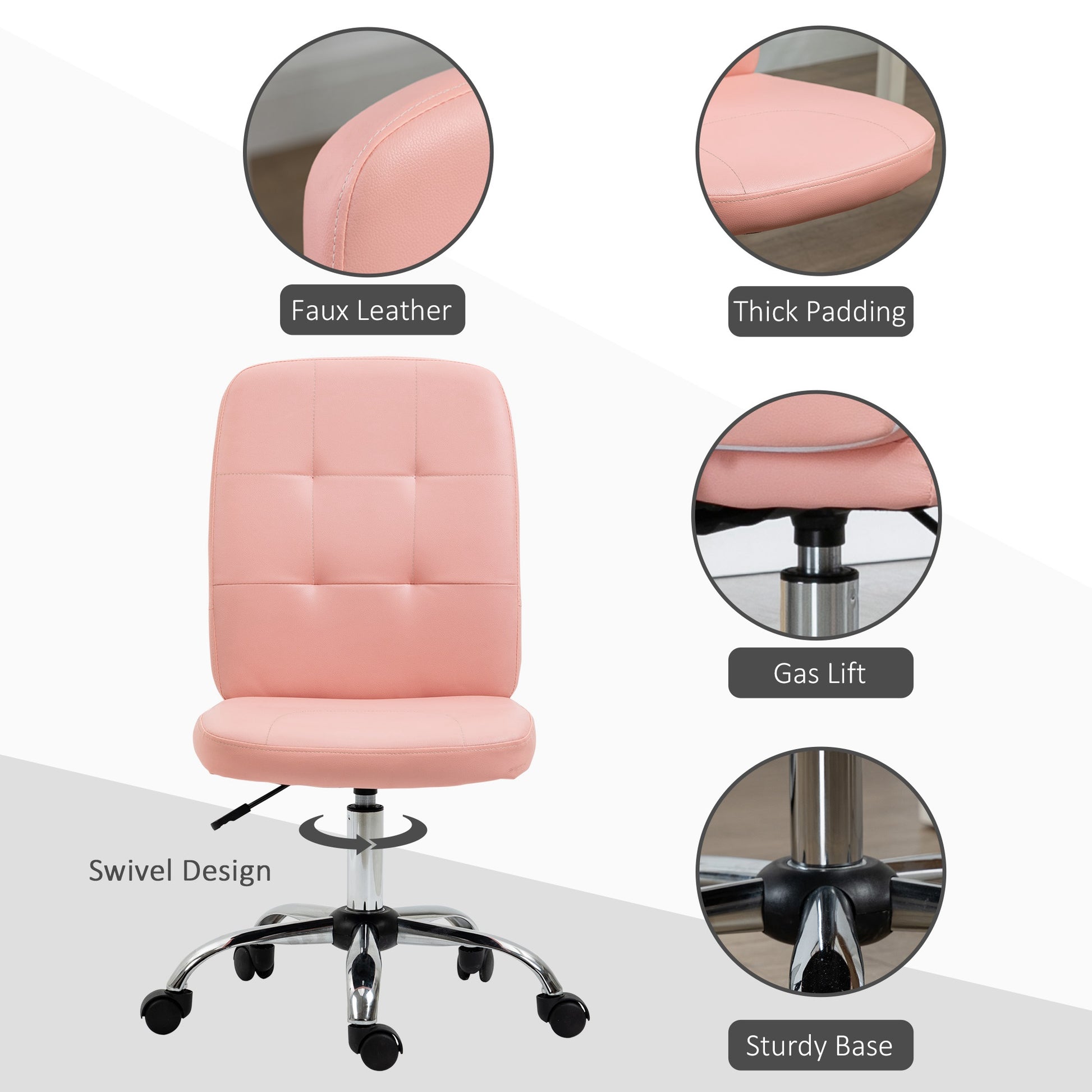 Vinsetto Pink Armless Faux Leather Office Chair with Adjustable Height - ALL4U RETAILER LTD