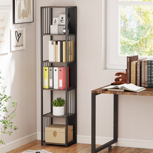 Homcom 5 Tier Bookshelf With Steel Frame Grey Wood Effect MDF Black Steel Anti Tip Straps Holds 60 Kg