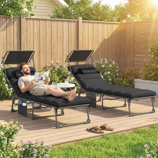 Outsunny Folding Sun Loungers Set of 2 with Canopy, Reclining Sunbeds, Cushions, Side Pockets, Carrying Handles, Black