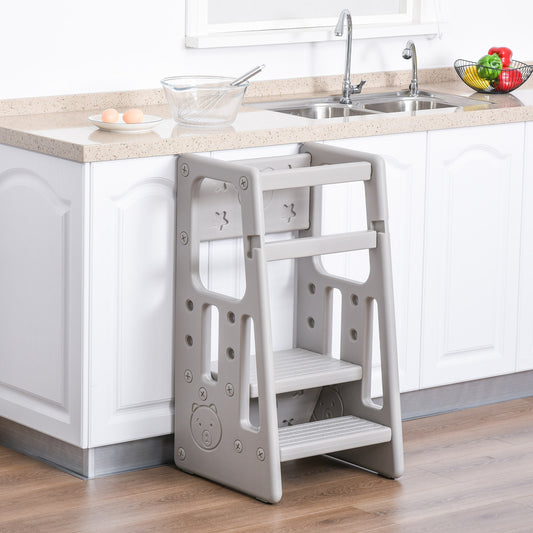 HOMCOM Adjustable Kids Step Stool - Toddler Kitchen Learning Tower in Grey with Three Heights - ALL4U RETAILER LTD