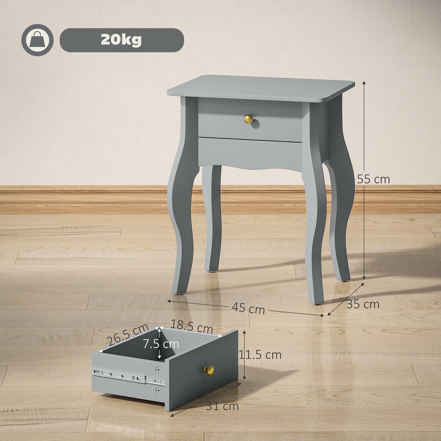HOMCOM French Style Side Table With Drawer In Grey Curved Silhouette Gold Tone Handle MDF