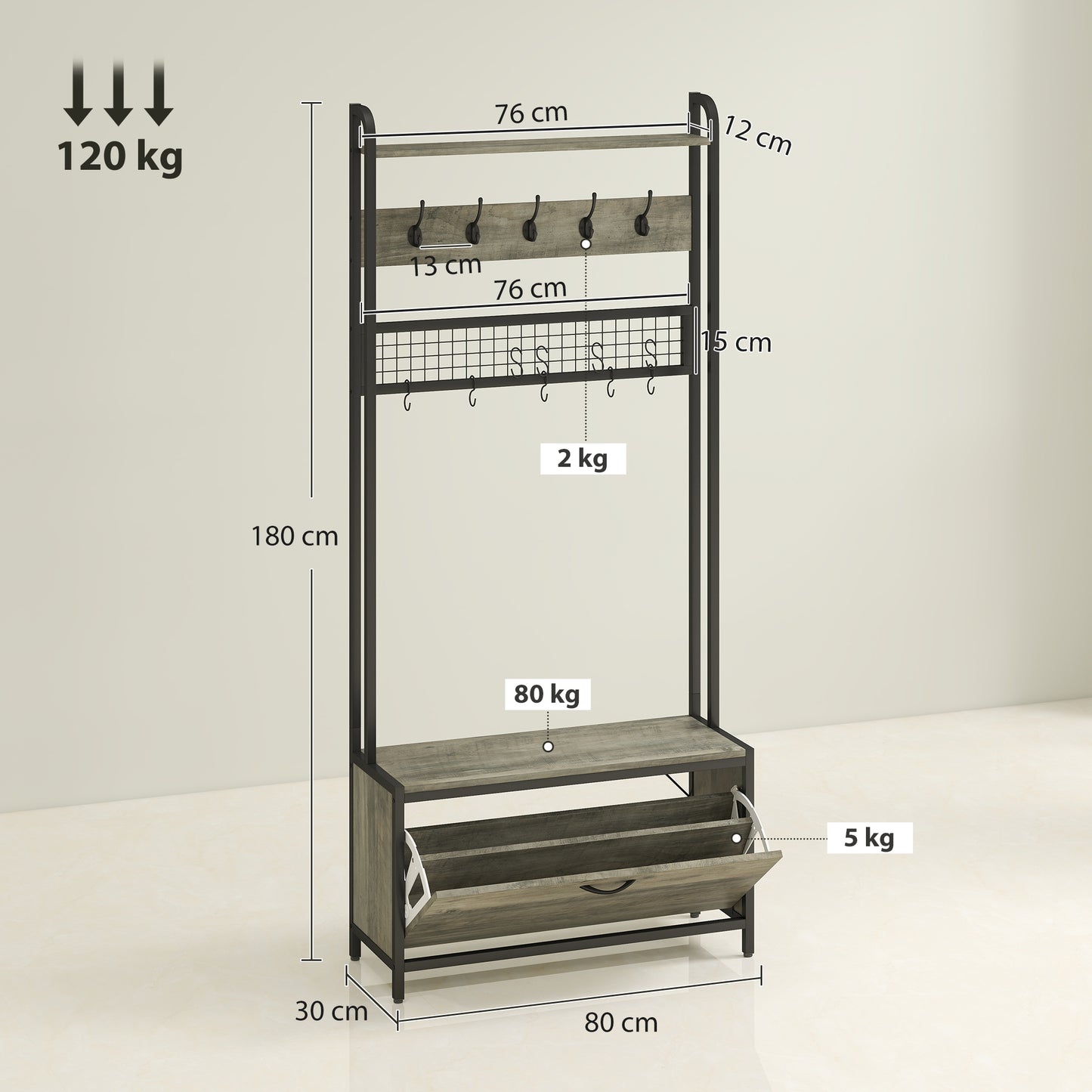 HOMCOM 5 In 1 Industrial Style Hallway Tree Grey Black Coat Rack Bench And Shoe Storage