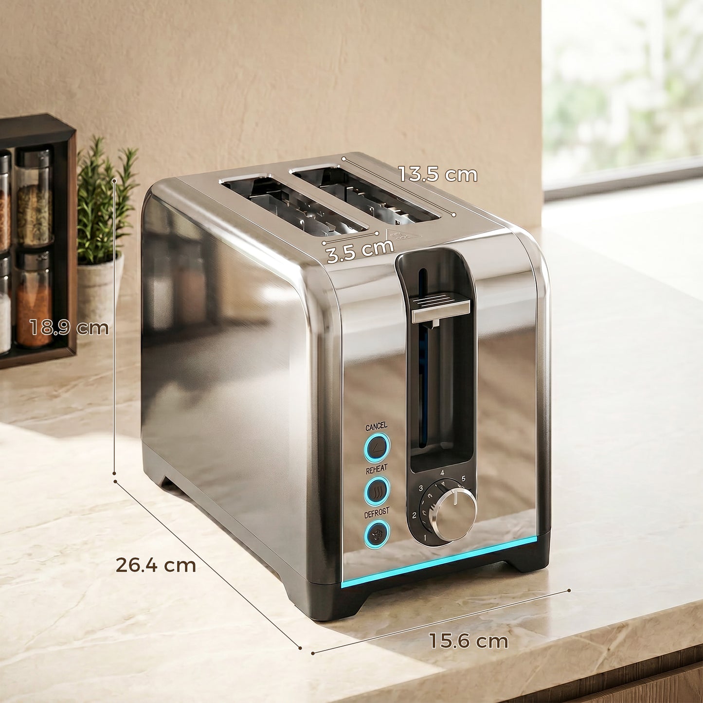 HOMCOM 2 Slice Toaster With 7 Browning Levels Reheat Defrost And Cancel Functions