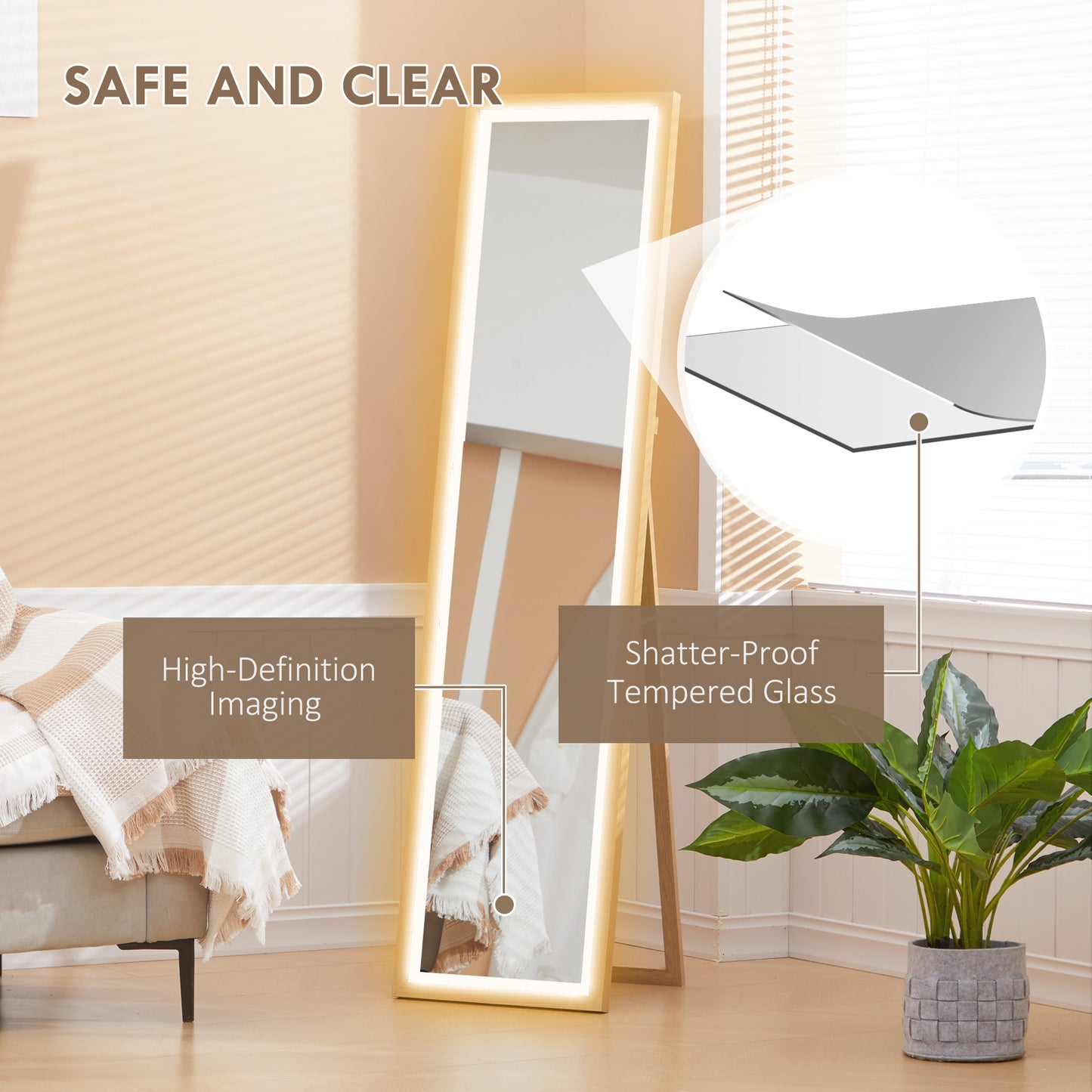 HOMCOM Full Length Mirror With Adjustable Outer LED Light In Oak Finish Three Color Temperatures