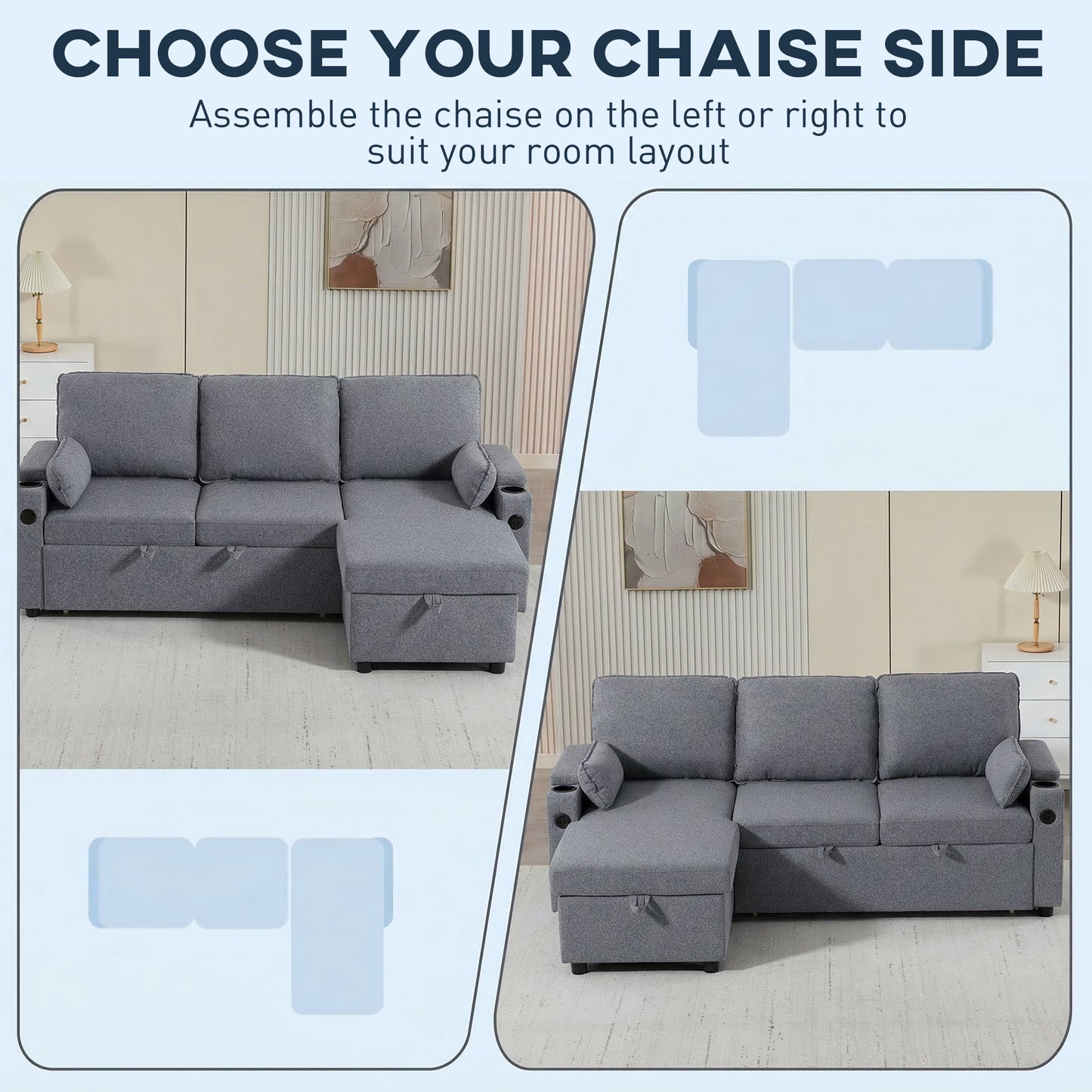 HOMCOM Corner Sofa Bed L Shaped Sleeper Sectional With Reversible Storage Chaise Pocket Springs Grey