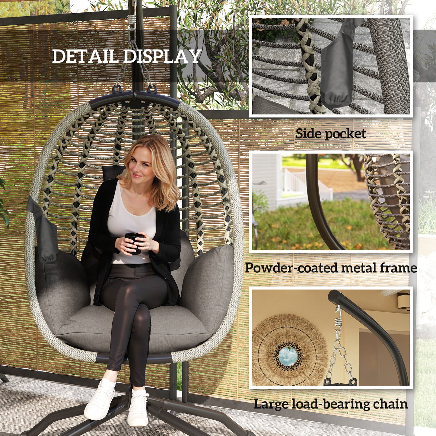Outsunny Outdoor Hanging Egg Chair With Thick Padded Cushion And Metal Stand Foldable Basket Cup Holder