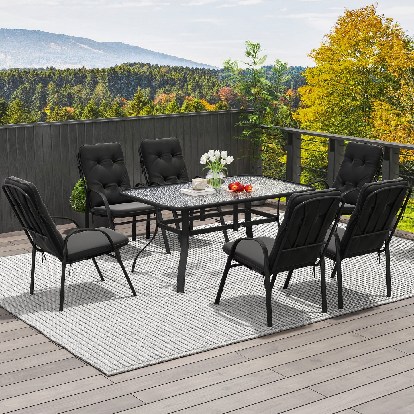 Outsunny Seven Piece Garden Dining Set With Cushions Black Steel Frame And Tempered Glass Table