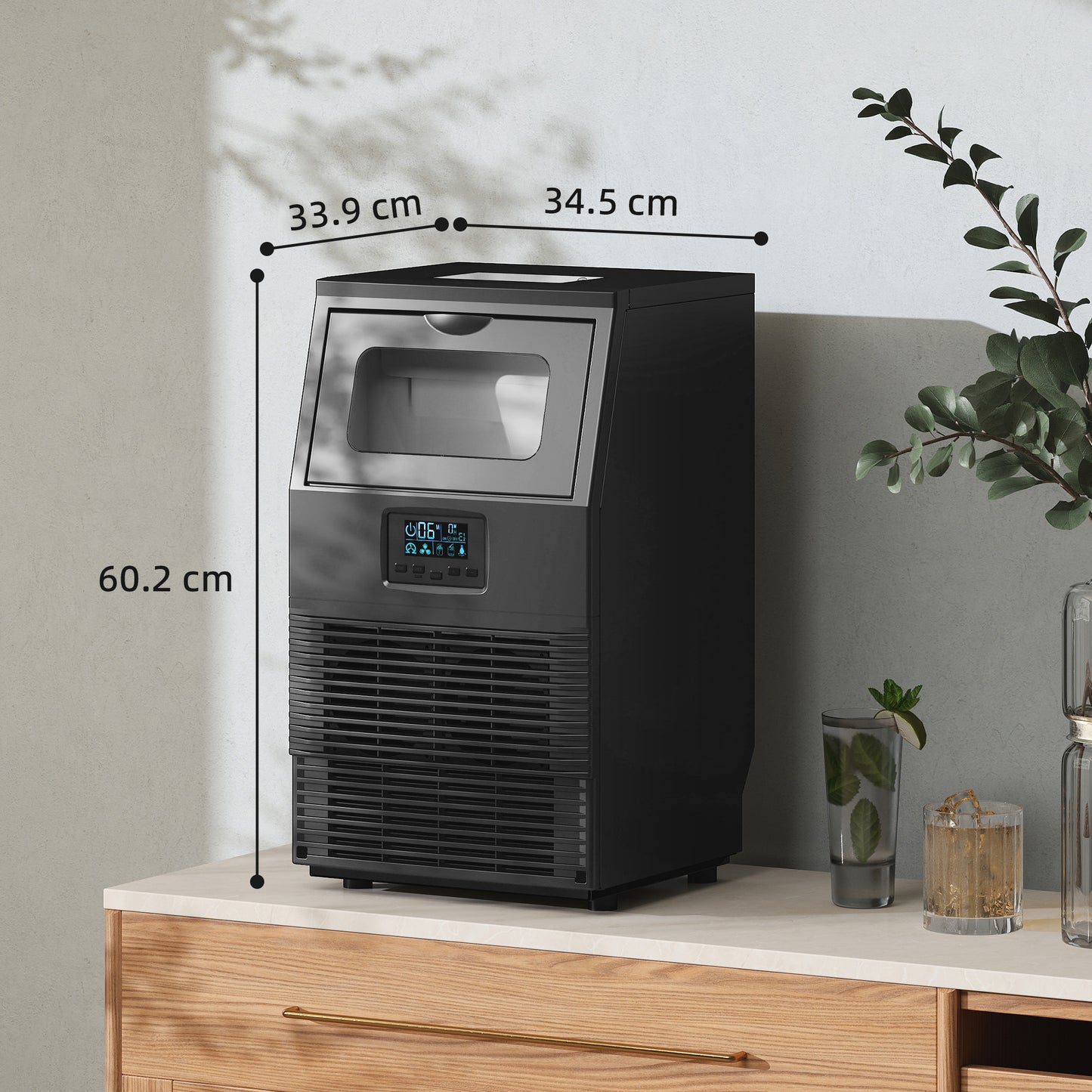 HOMCOM Commercial Ice Maker With 4 Kg Storage Black Front Transparent Cover 30 Kg Daily Square Ice Cubes Production