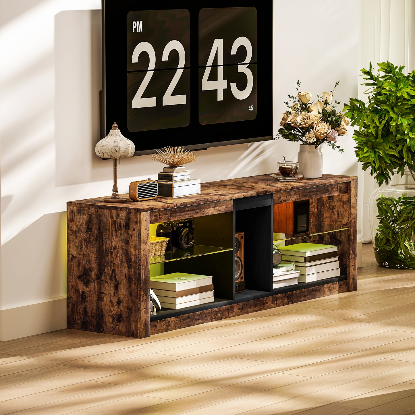 HOMCOM TV Stand Cabinet With LED Lights And Remote For 65 Inch TVs Rustic Brown Entertainment Centre
