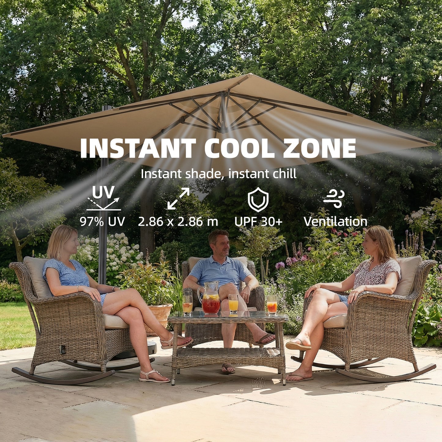 Outsunny 3 x 3 m Garden Cantilever Parasol With Light And Wind Protection 360 Degree Rotation Khaki