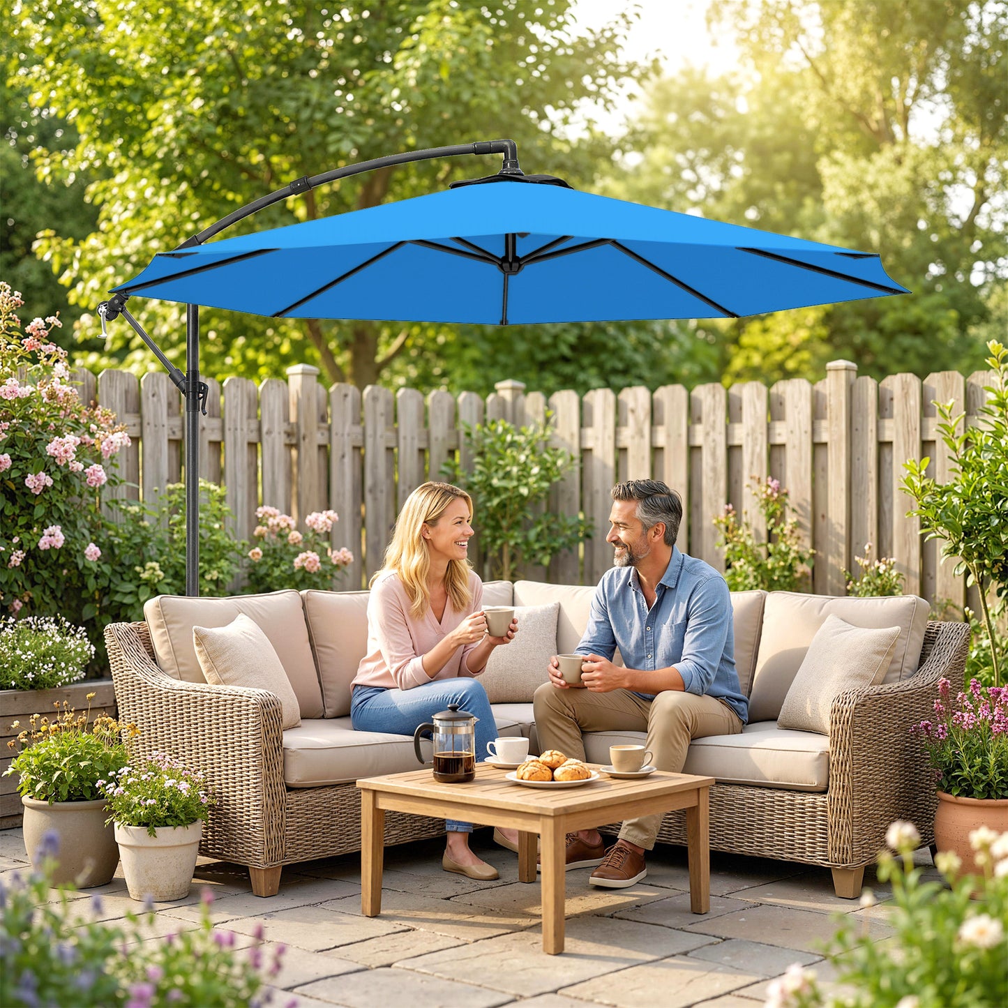 Outsunny 3m Overhanging Cantilever Parasol With Cross Base Blue For Overhead Shade Over Dining And Patio Seating