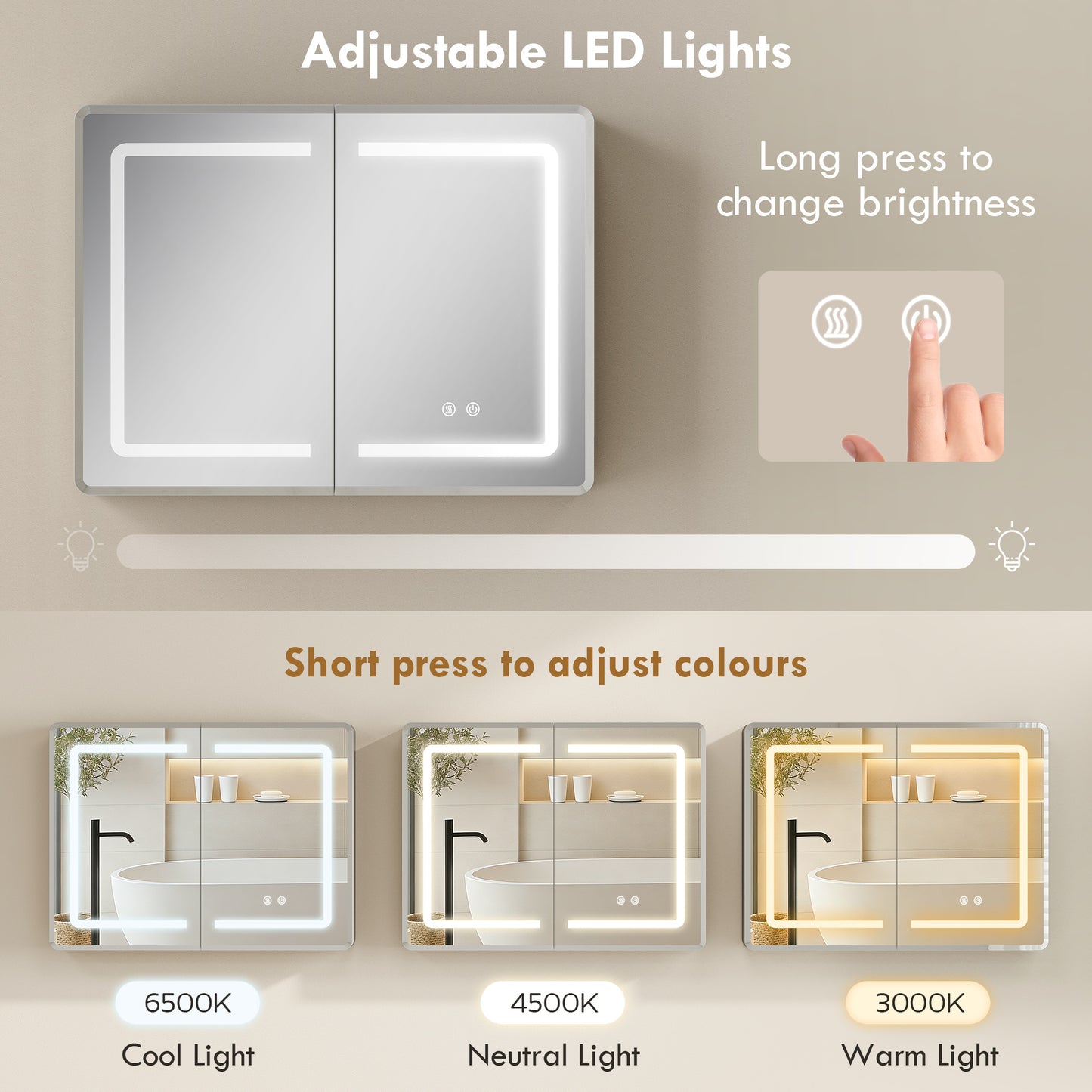 HOMCOM Mirrored Bathroom Cabinet With LED Lights 60 x 80 cm Anti Fog Mirror Cabinet With 3 Colour Dimmable Lighting