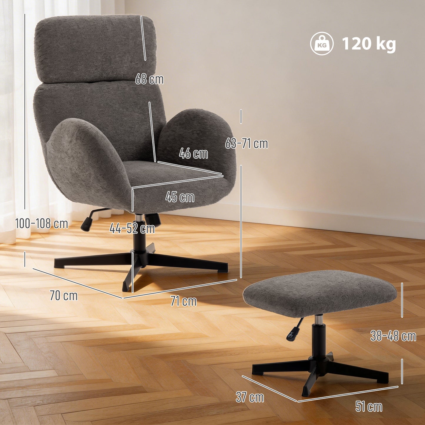 HOMCOM Swivel Armchair And Footstool Set With Adjustable Headrest Height Adjustable Rocking Function In Grey