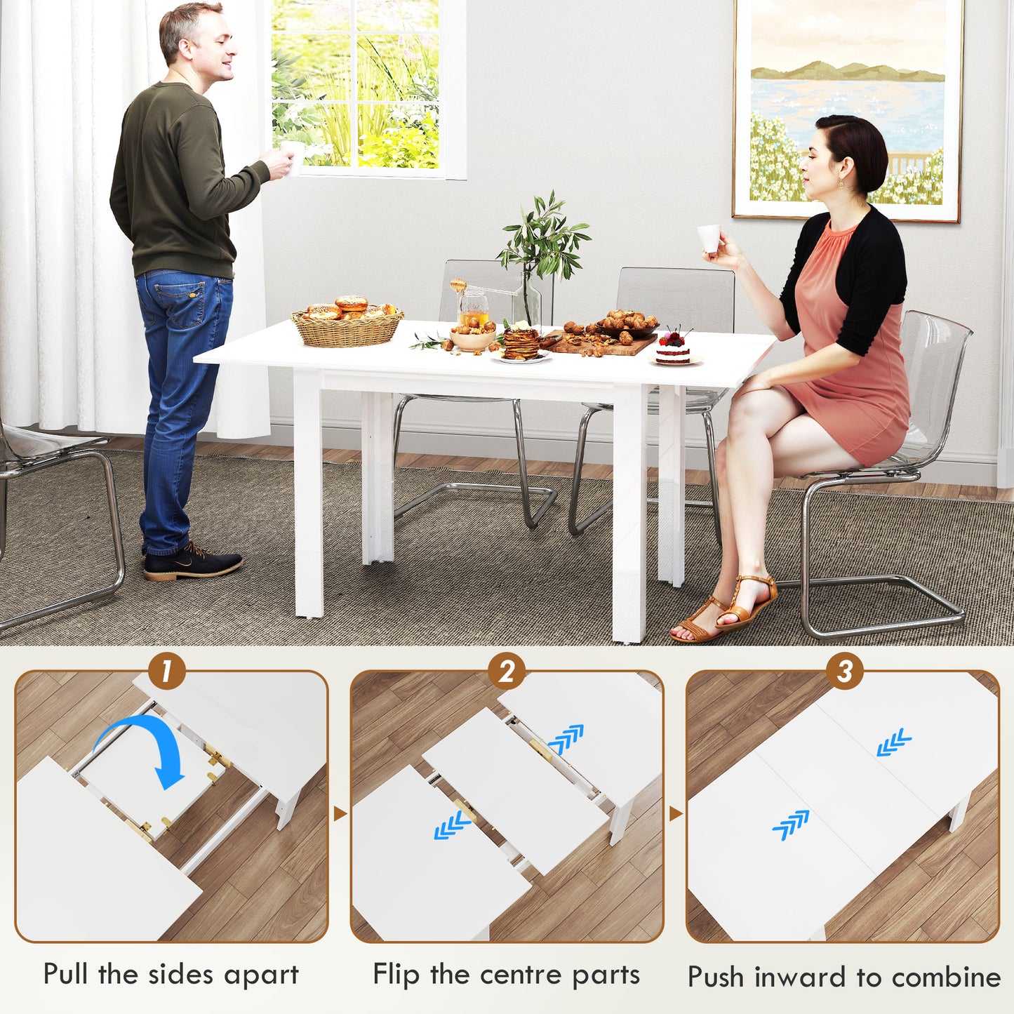 HOMCOM Extending Dining Table White High Gloss For Six People 120 cm To 160 cm MDF