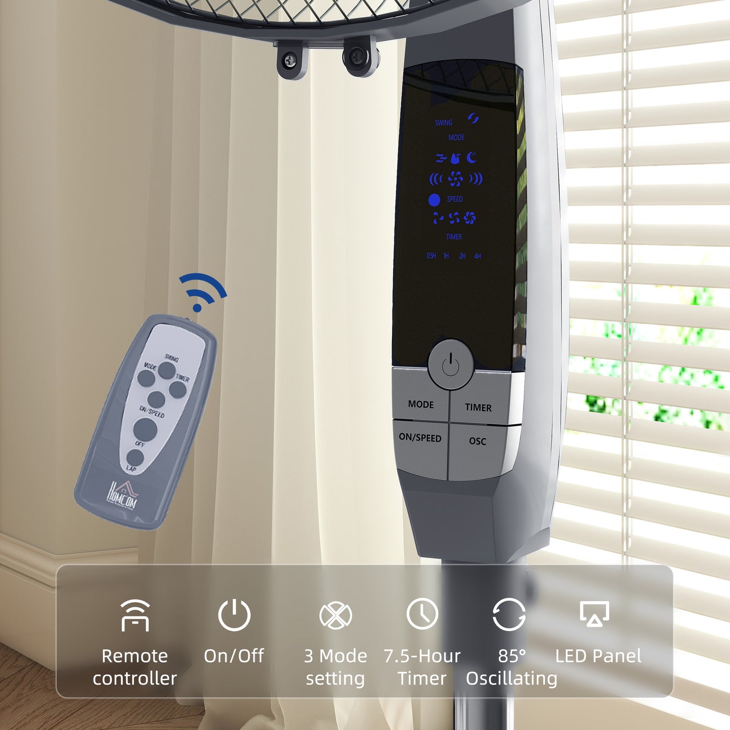 HOMCOM 16 Inch Pedestal Standing Floor Fan With Remote Control 85 Degree Oscillation 3 Speed Settings Grey