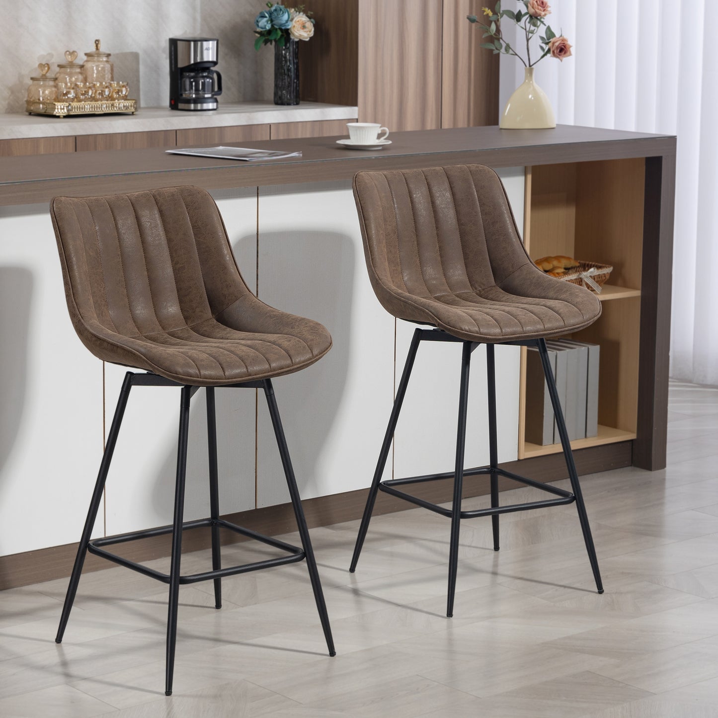 HOMCOM Set Of 2 PU Leather Swivel Bar Stools Brown For Kitchen Island Dining In Modern Home