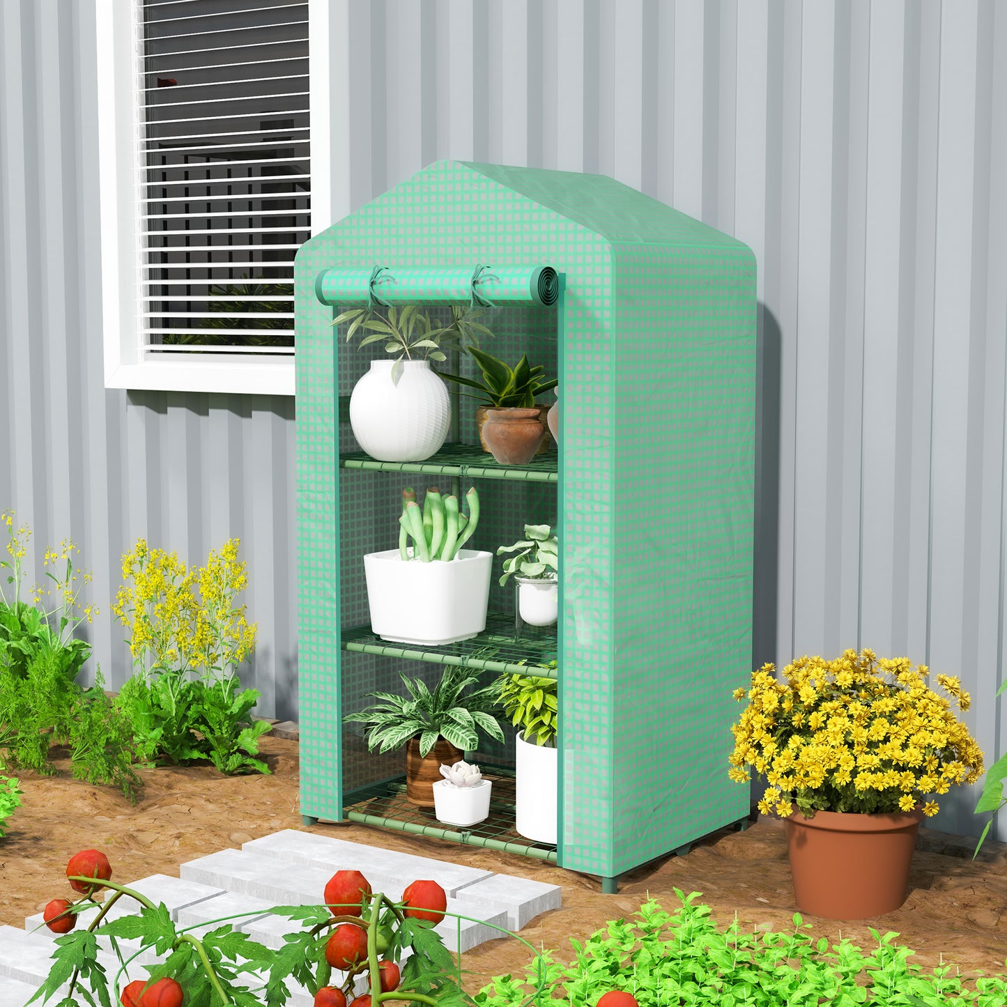 Outsunny 3 Tier Mini Greenhouse Portable Garden Grow House With Roll Up Door And Wire Shelves 69x49x125 Cm Green