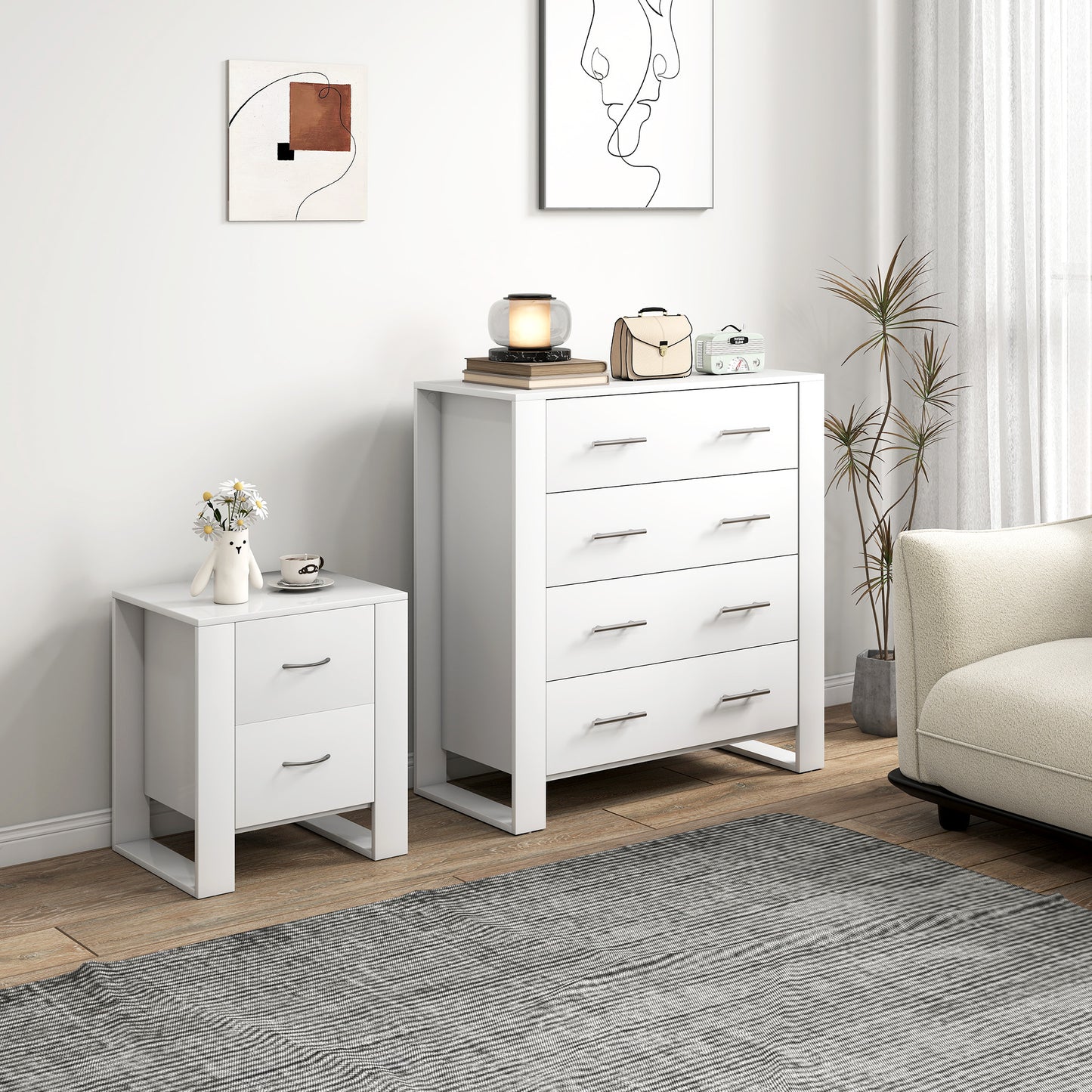 HOMCOM Bedroom Furniture Set With Four Drawer Chest And Two Drawer Nightstand In Modern White