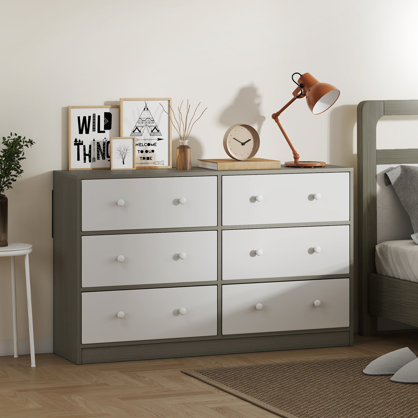 HOMCOM Six Drawer Fabric Dresser Chest White and Grey Wood Effect MDF and Steel Frame