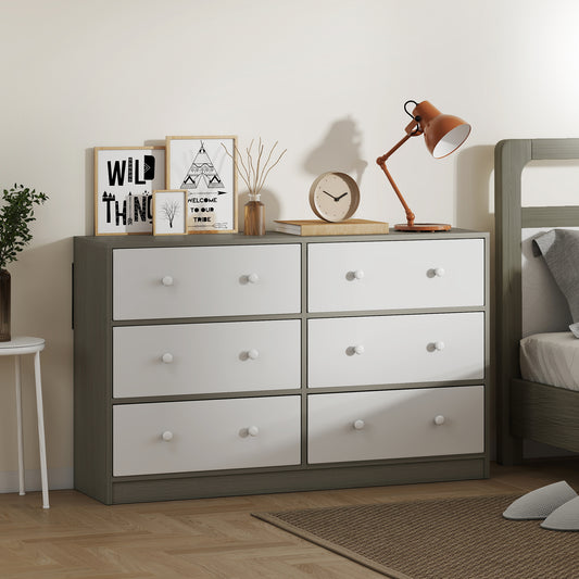HOMCOM Six Drawer Fabric Dresser Chest White and Grey Wood Effect MDF and Steel Frame