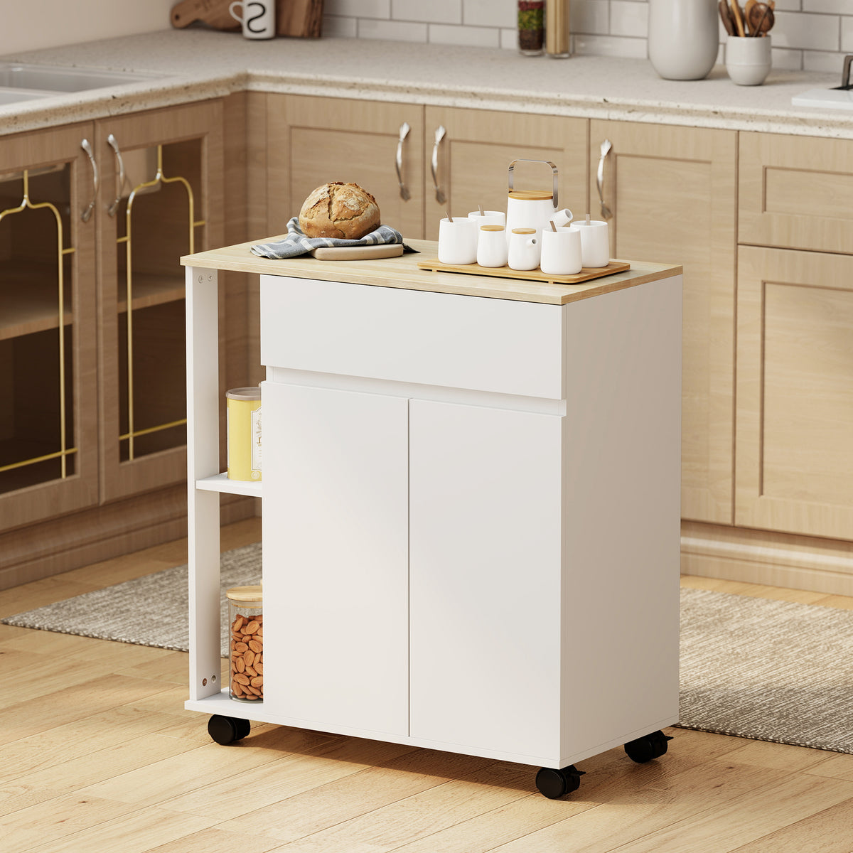 HOMCOM Rolling Kitchen Trolley Cart with Cabinet Drawer and Shelves White