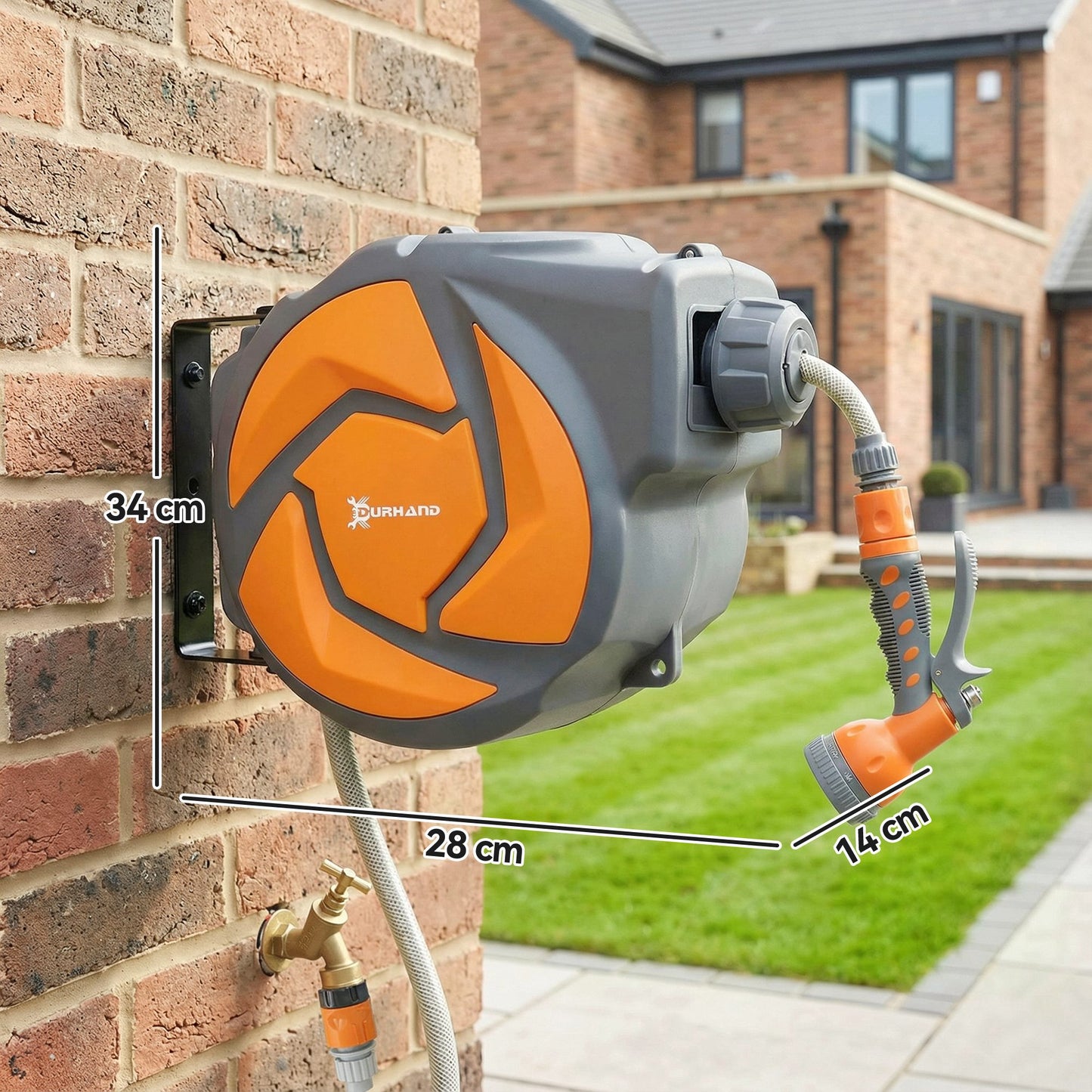 Durhand 10m Garden Hose Reel Wall Mounted Auto Rewind With 7 Pattern Spray Nozzle Orange Includes Wall Fixings