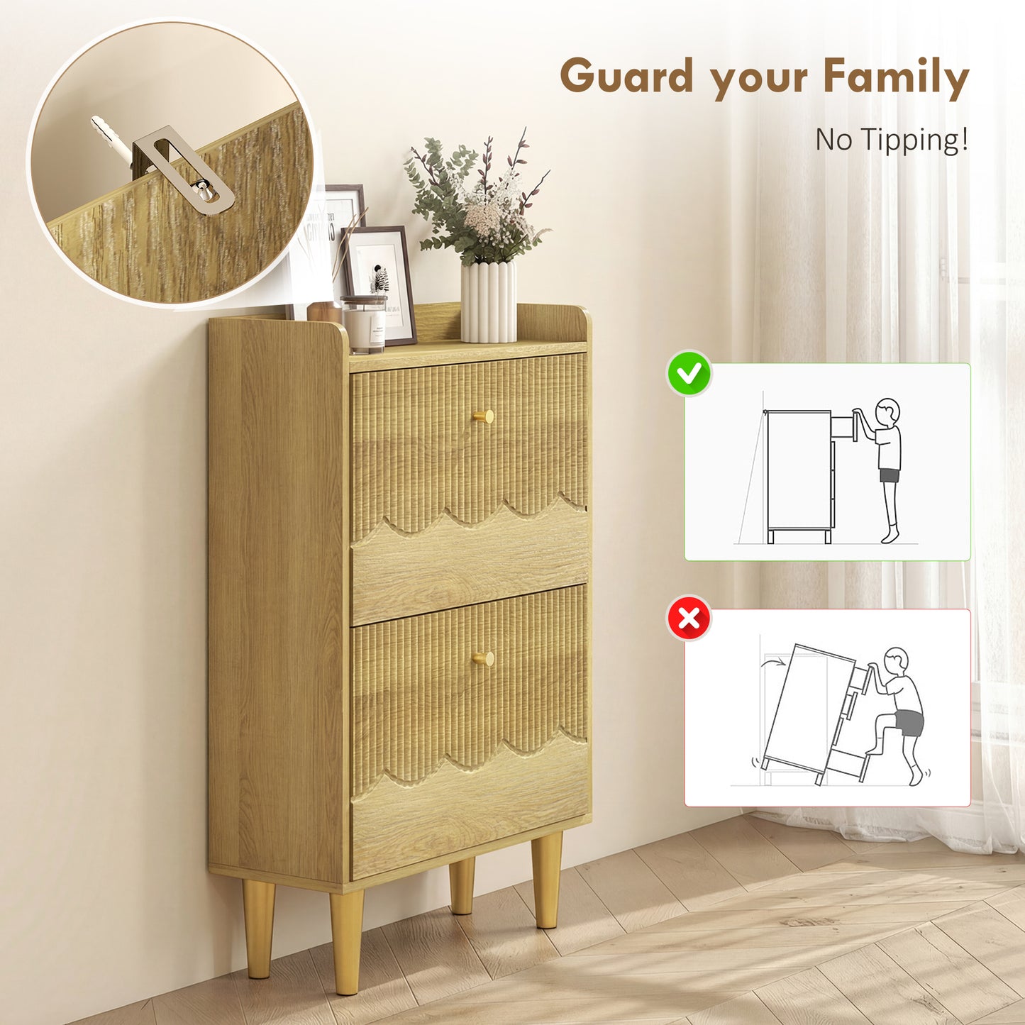 HOMCOM Narrow Shoe Cabinet Oak Finish With 2 Flip Drawers Slim 24cm Depth Holds 8 To 12 Pairs