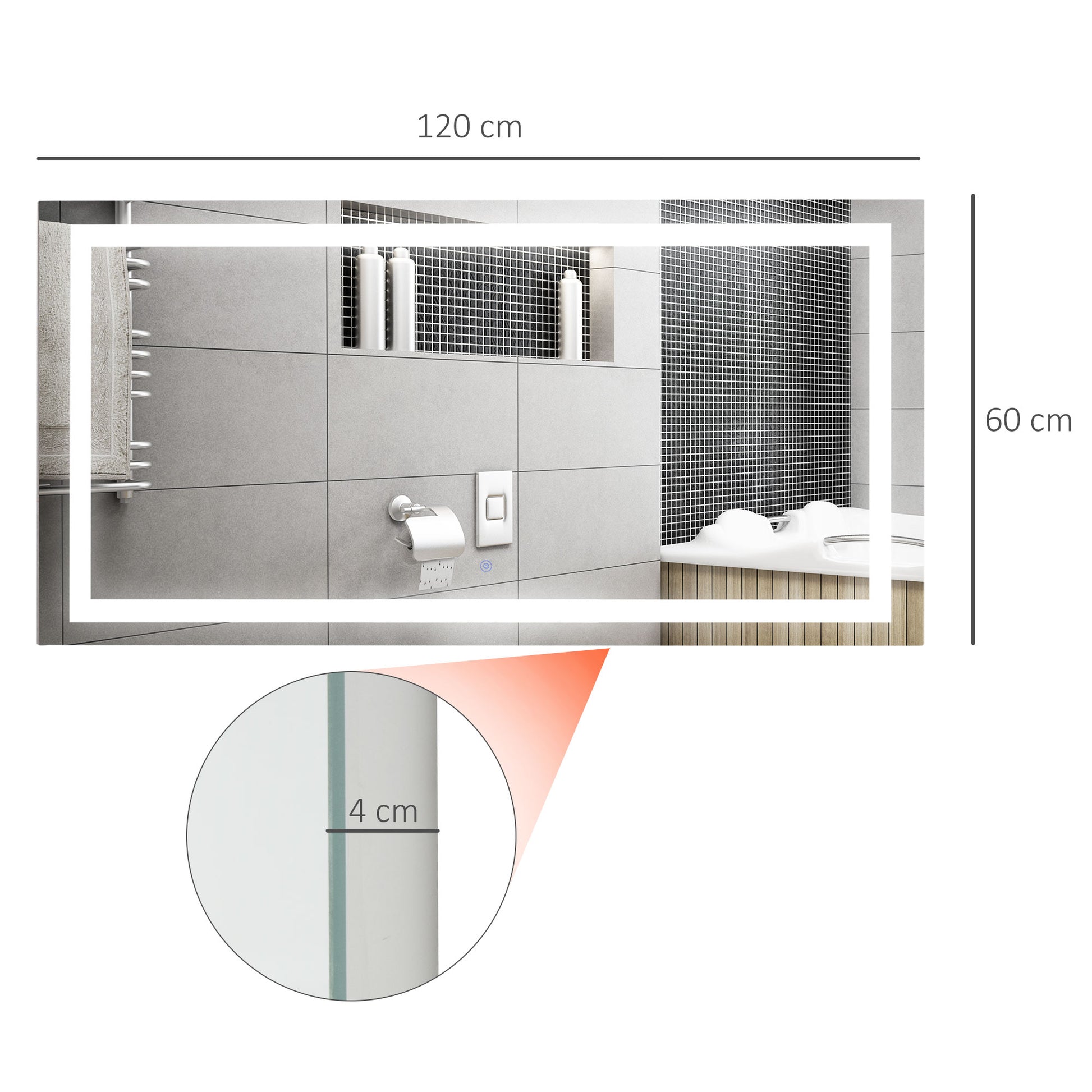 HOMCOM Contemporary LED Bathroom Mirror with Anti-Fog Sensor and Heated Features - 120W x 60H x 4D cm - ALL4U RETAILER LTD