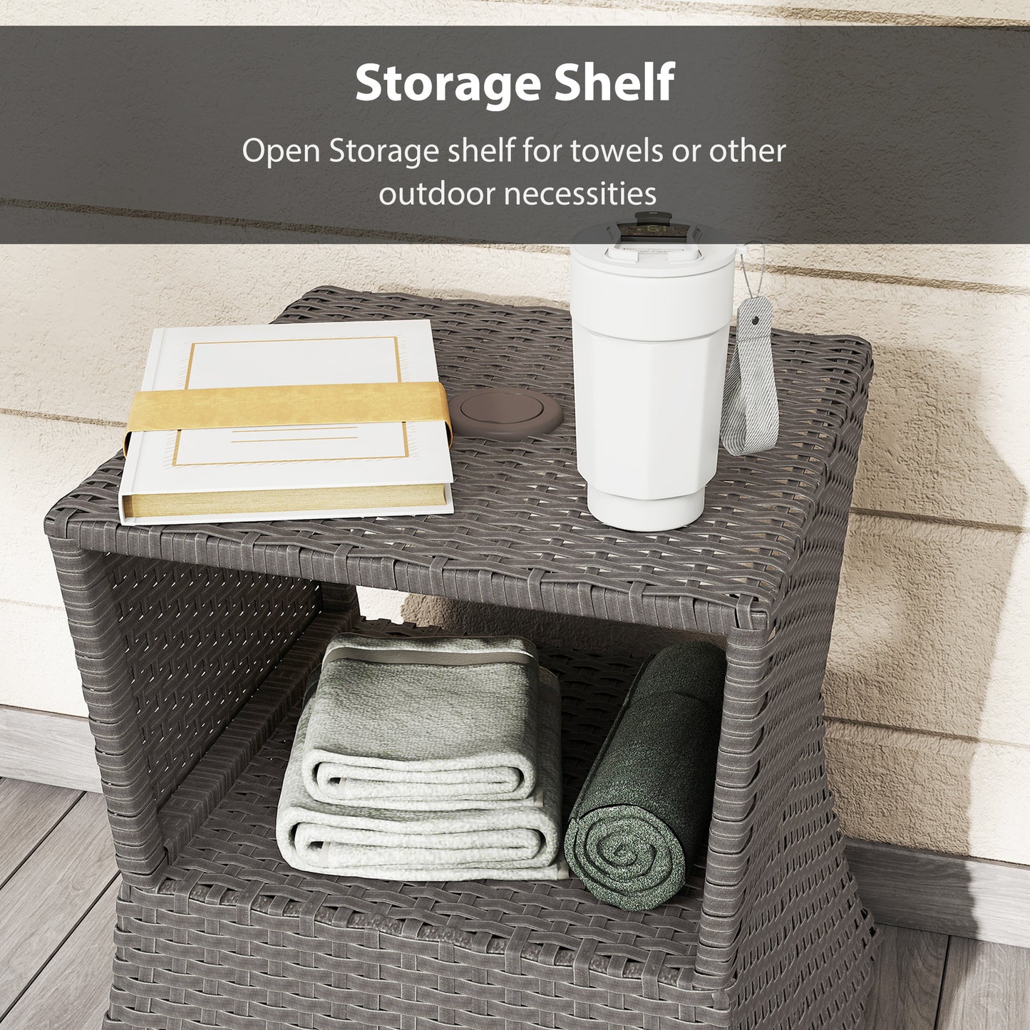 Outsunny Rattan Outdoor Coffee Table Wicker Patio Bistro Side Table With Umbrella Hole And Storage Space Dark Grey