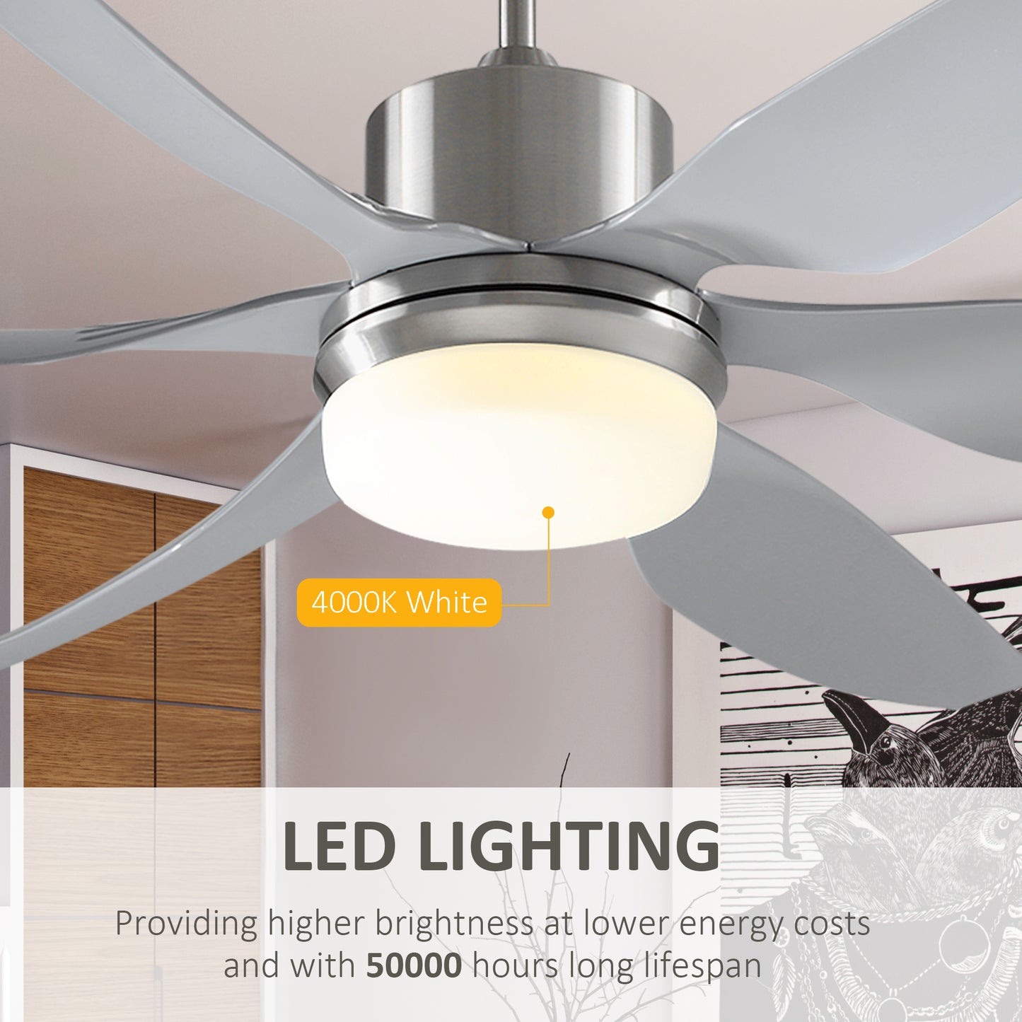 HOMCOM Set of 2 Reversible Ceiling Fans with Light 6 Blades Indoor Modern LED Ceiling Fans with Remote Controller Silver