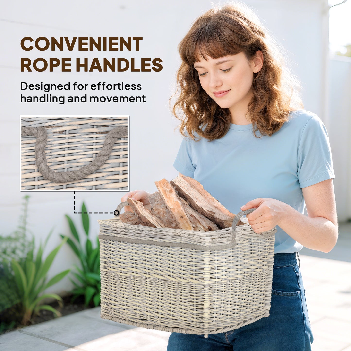 Outsunny Set Of 3 Log Baskets For Wood Burner Indoor With Lining And Rope Handles Wicker Fireside Storage Beige