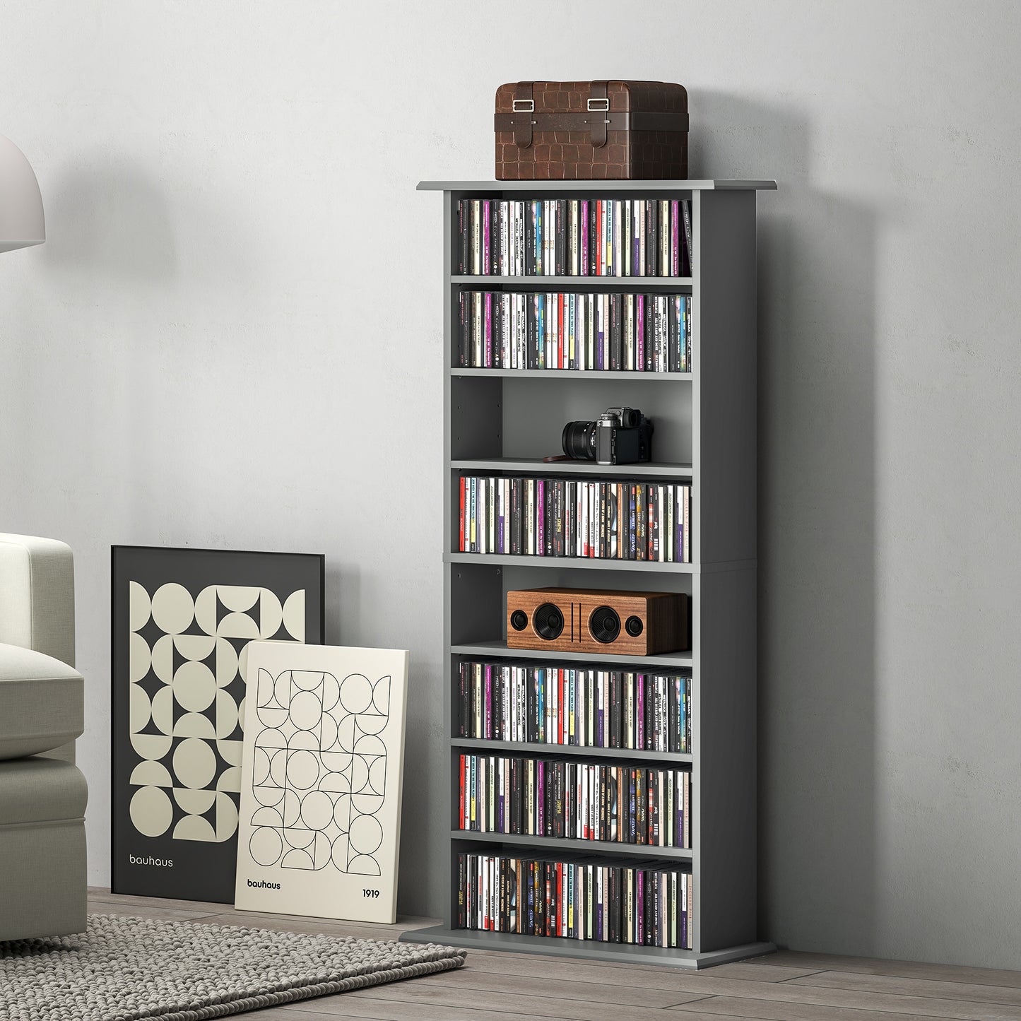HOMCOM 360 CD Storage Unit Grey Tall Wall Mounted Multimedia Shelf Eight Compartments for CDs DVDs Blu Rays