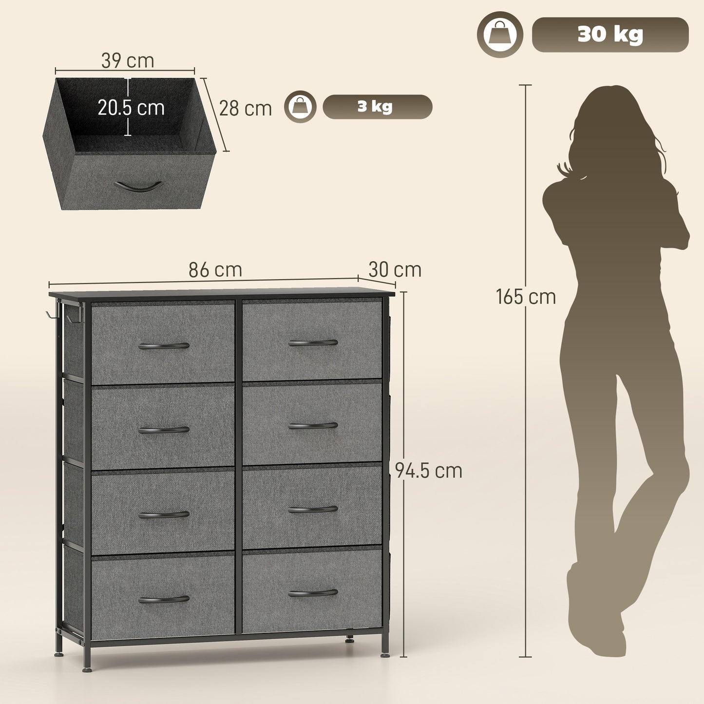HOMCOM Fabric Chest Of Eight Drawers Charcoal Grey With Steel Frame And Side Pockets