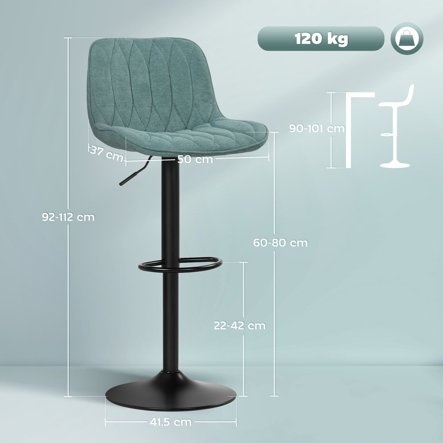 HOMCOM Set Of Two Linen Look Bar Stools Blue With Adjustable Height 60 To 80 Cm 360 Degree Swivel Padded Seats