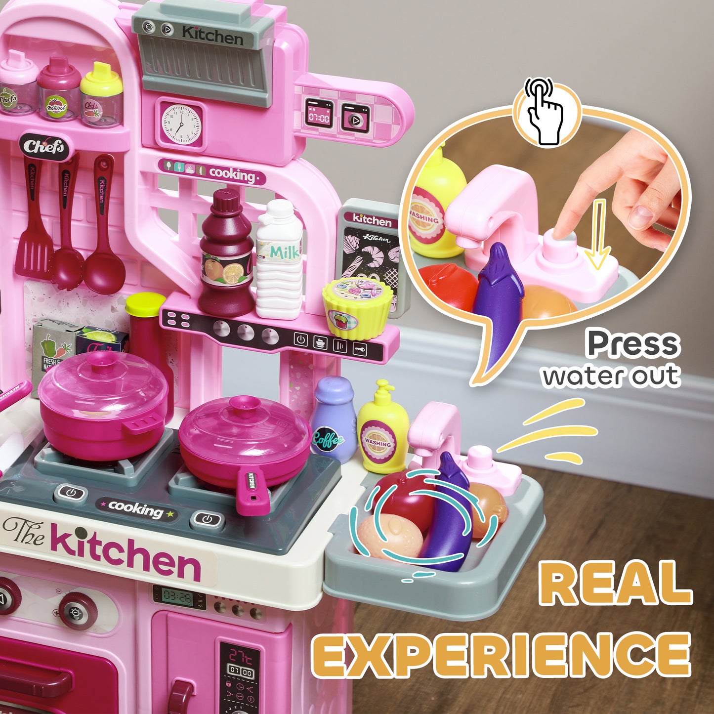 AIYAPLAY 33-Piece Pink Kitchen Playset for Kids with Lights, Sounds, and Storage - Perfect for Ages 3-6