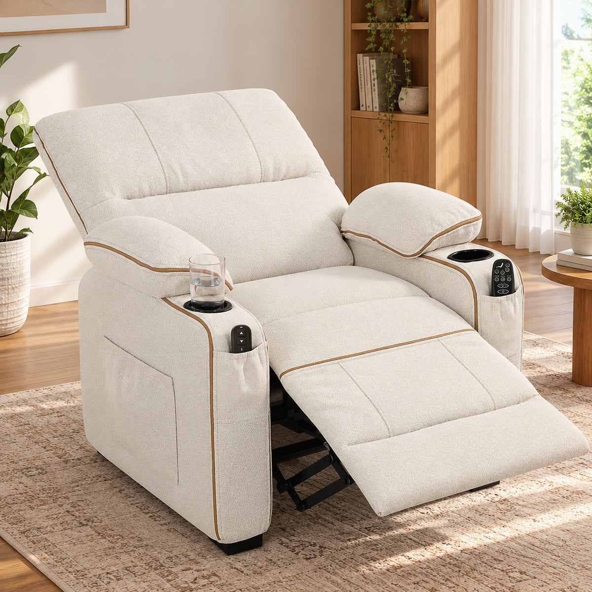 Beige electric massage recliner reclining with side controls and open footrest