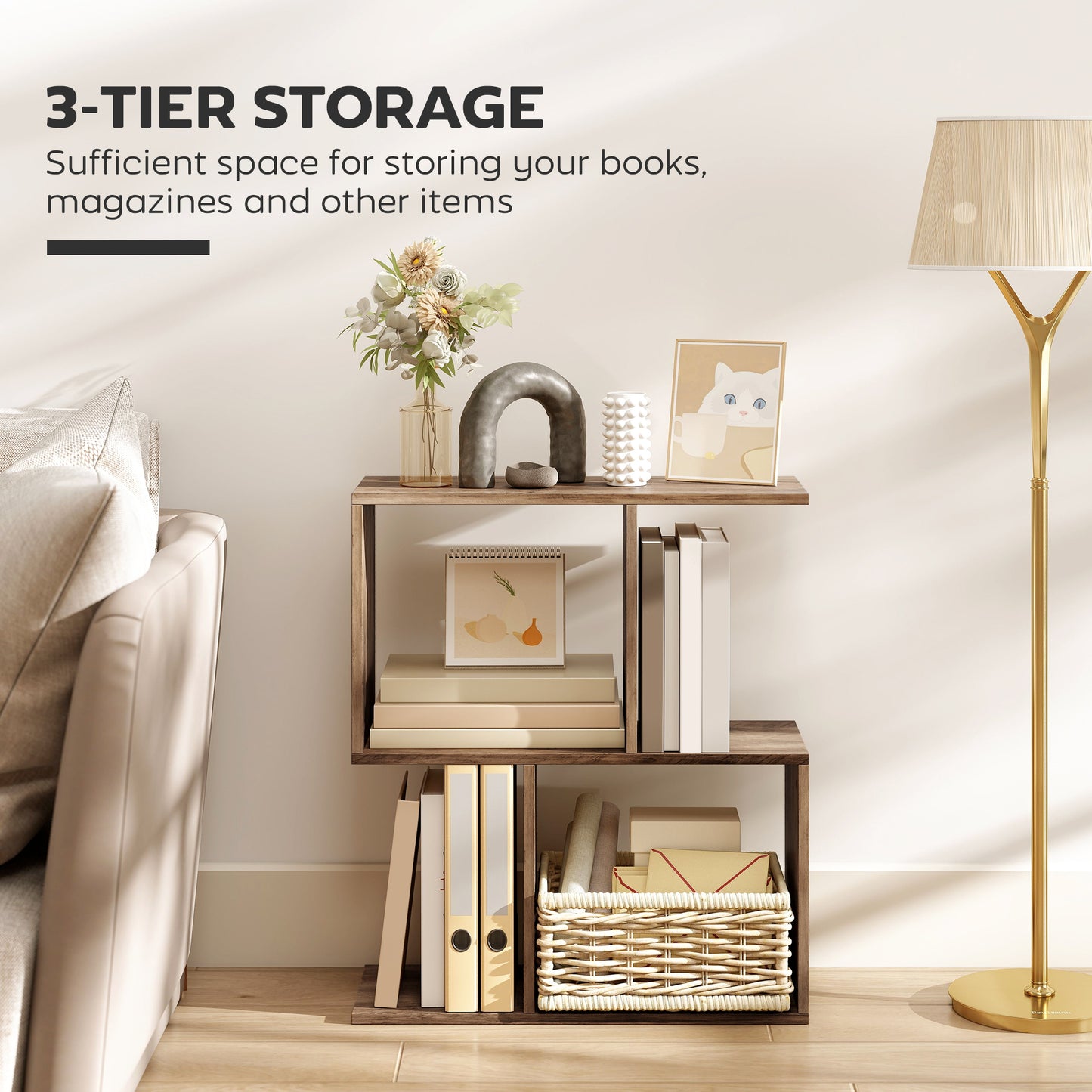 HOMCOM Narrow End Table With Storage Shelves S Shaped 3 Tier Oak Finish 50W X 19.5D X 58H Cm