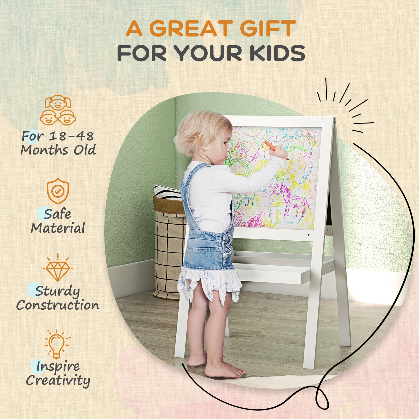 AIYAPLAY Kids Easel With Double Sided Whiteboard Chalkboard 2 In 1 Standing Easel For Toddlers 18 48 Months White