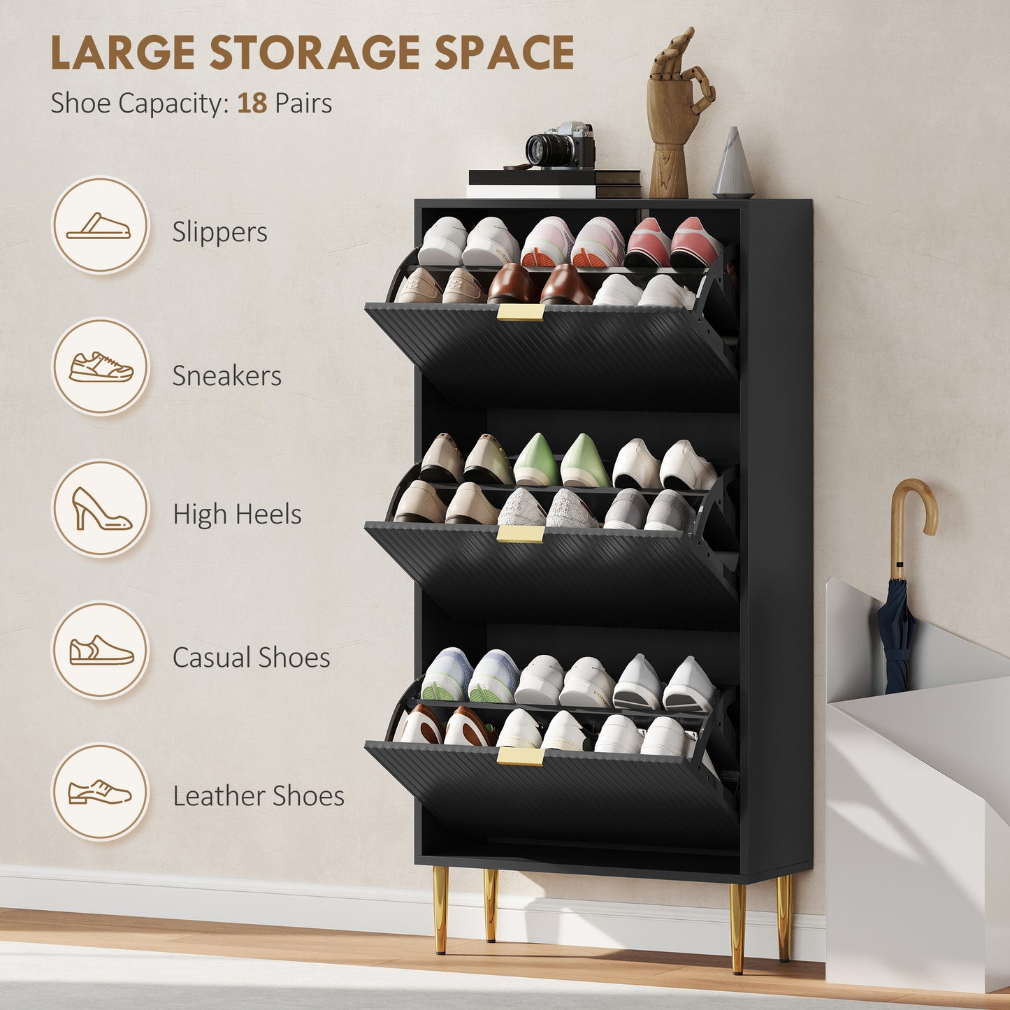 HOMCOM Elegant White Three Drawer Shoe Cabinet With Gold Accents Holds 9 To 18 Pairs And Adjustable Shelves