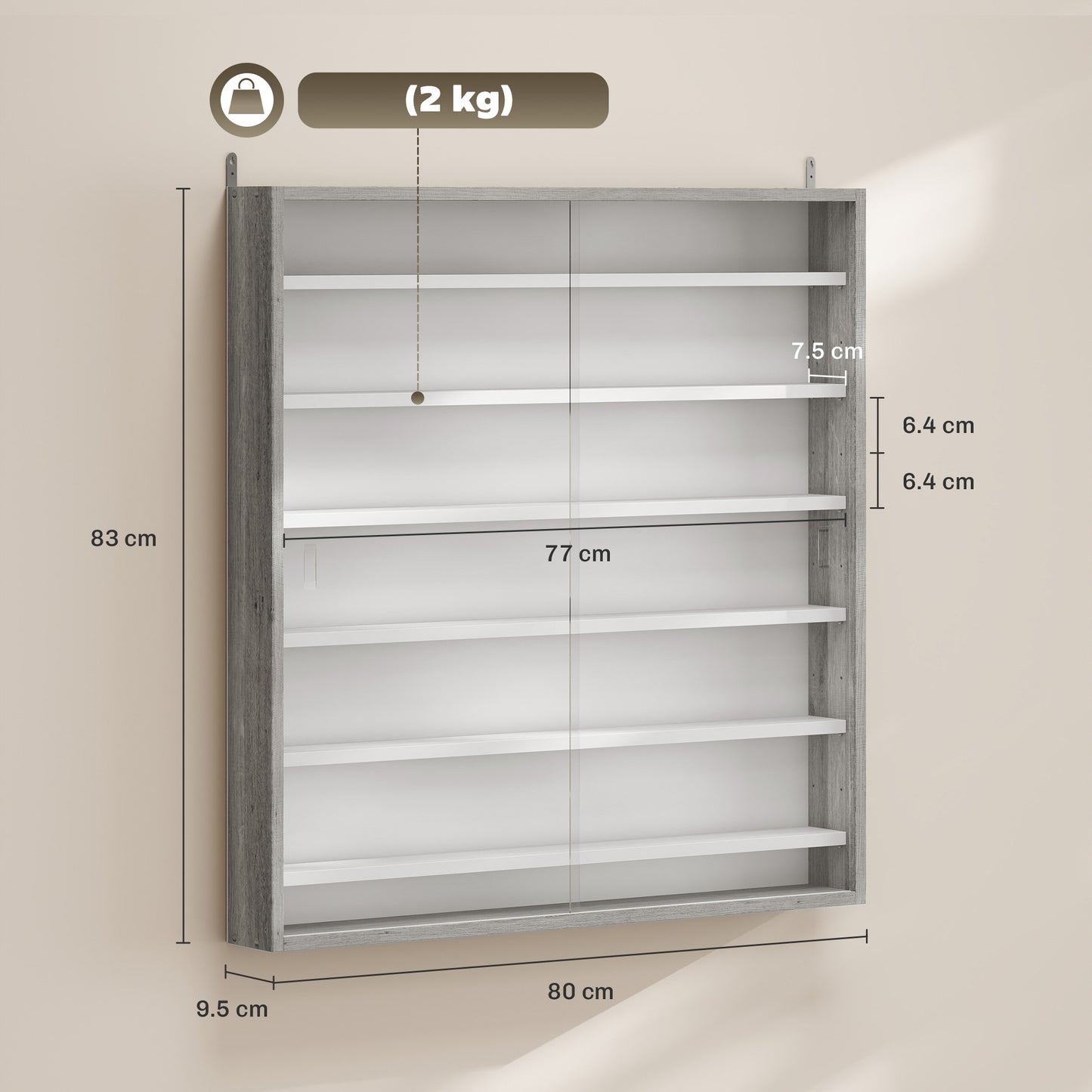 HOMCOM Six Shelf Display Cabinet with Glass Doors Graphite Wood Effect Wall Mounted