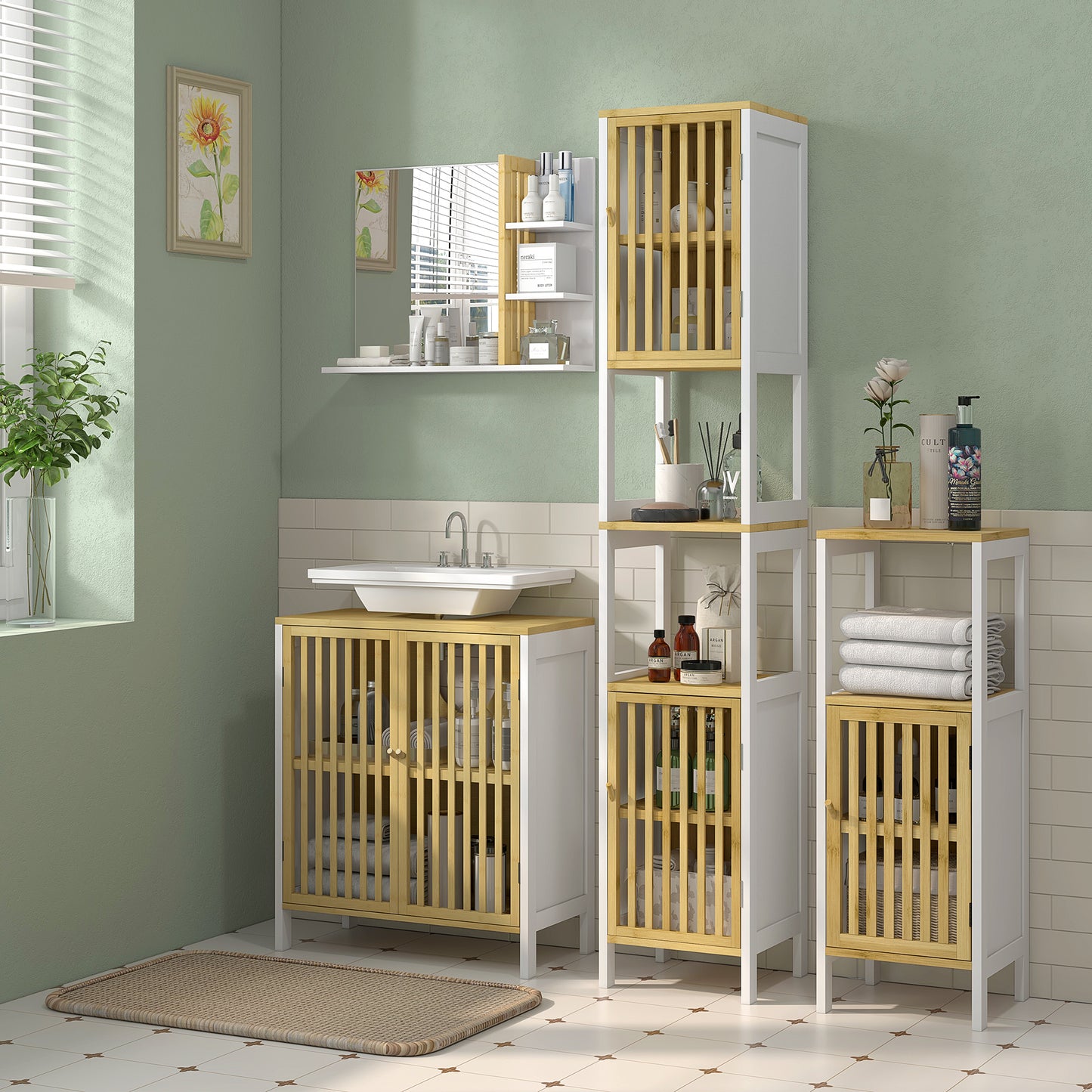 Homcom Bamboo Panel Bathroom Mirror With Shelves White Large Wall Mounted Storage Cabinet