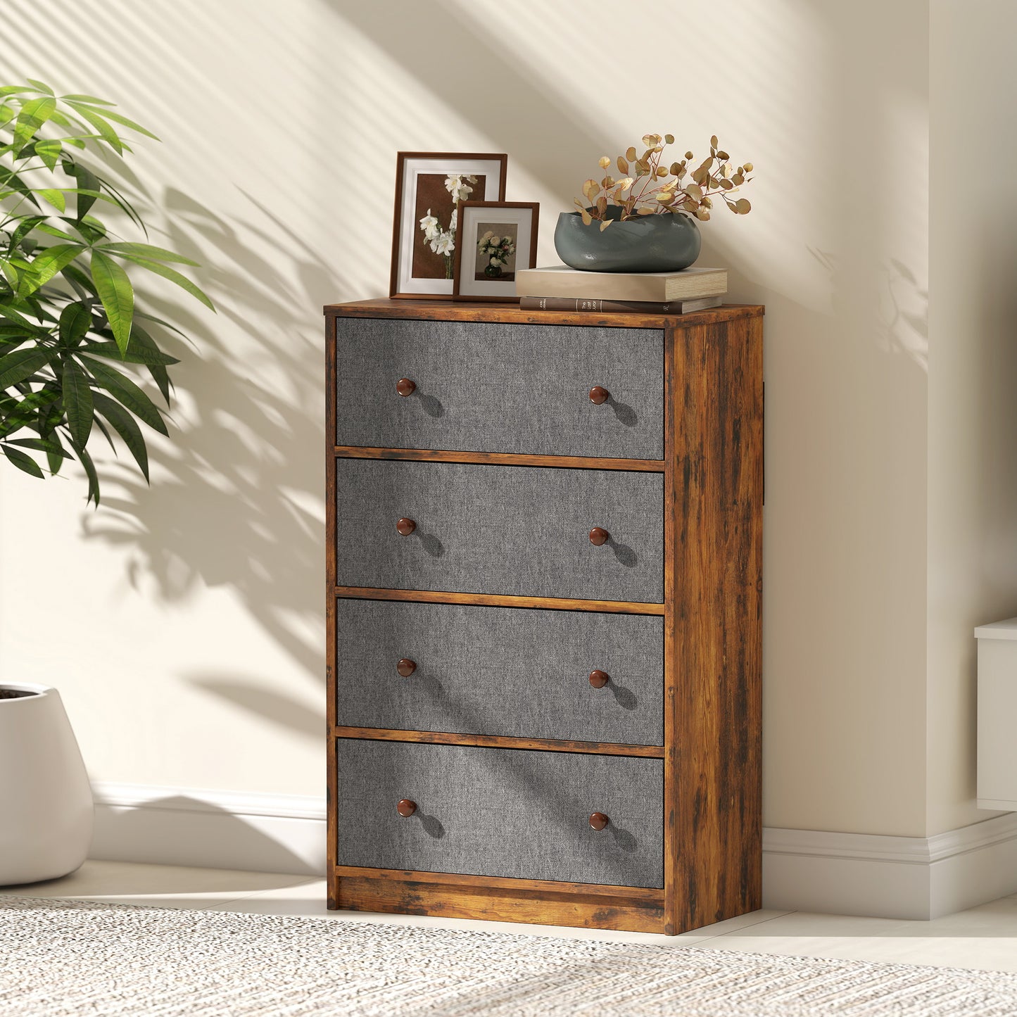 HOMCOM Chest Of Drawers Four Fabric Drawers Grey And Rustic Brown Wood Effect MDF Steel Frame
