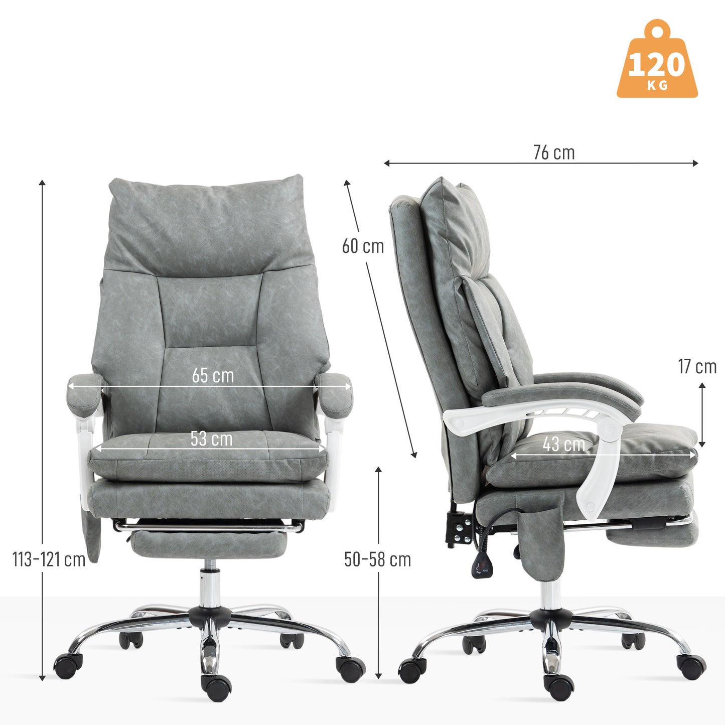 HOMCOM Faux Leather Office Chair With Inflatable Lumbar Support And 135 Degree Recline Grey