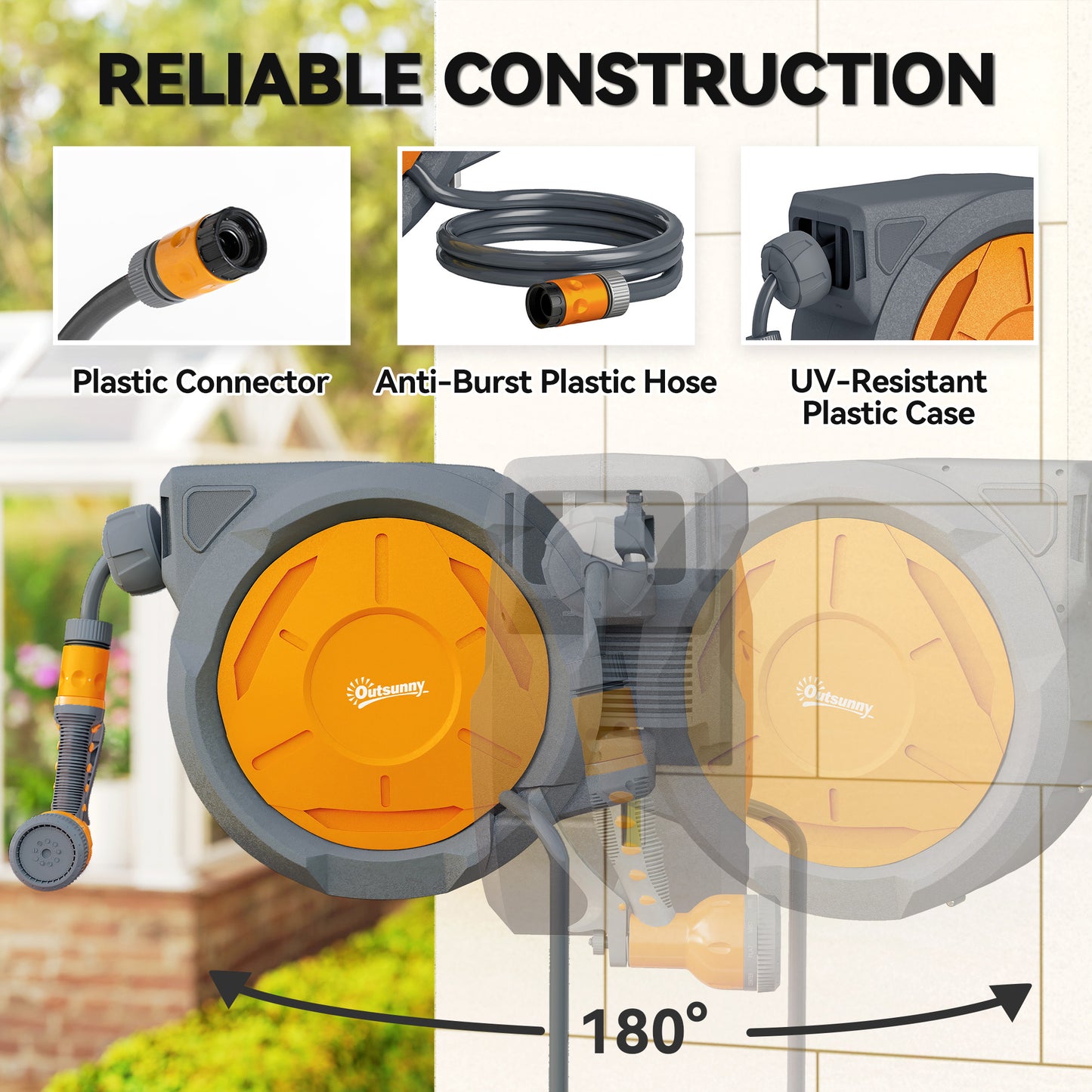 Outsunny Retractable Hose Reel Wall Mounted 32m Hose With Lock Auto Rewind 180 Degree Swivel 7 In 1 Spray Nozzle Orange