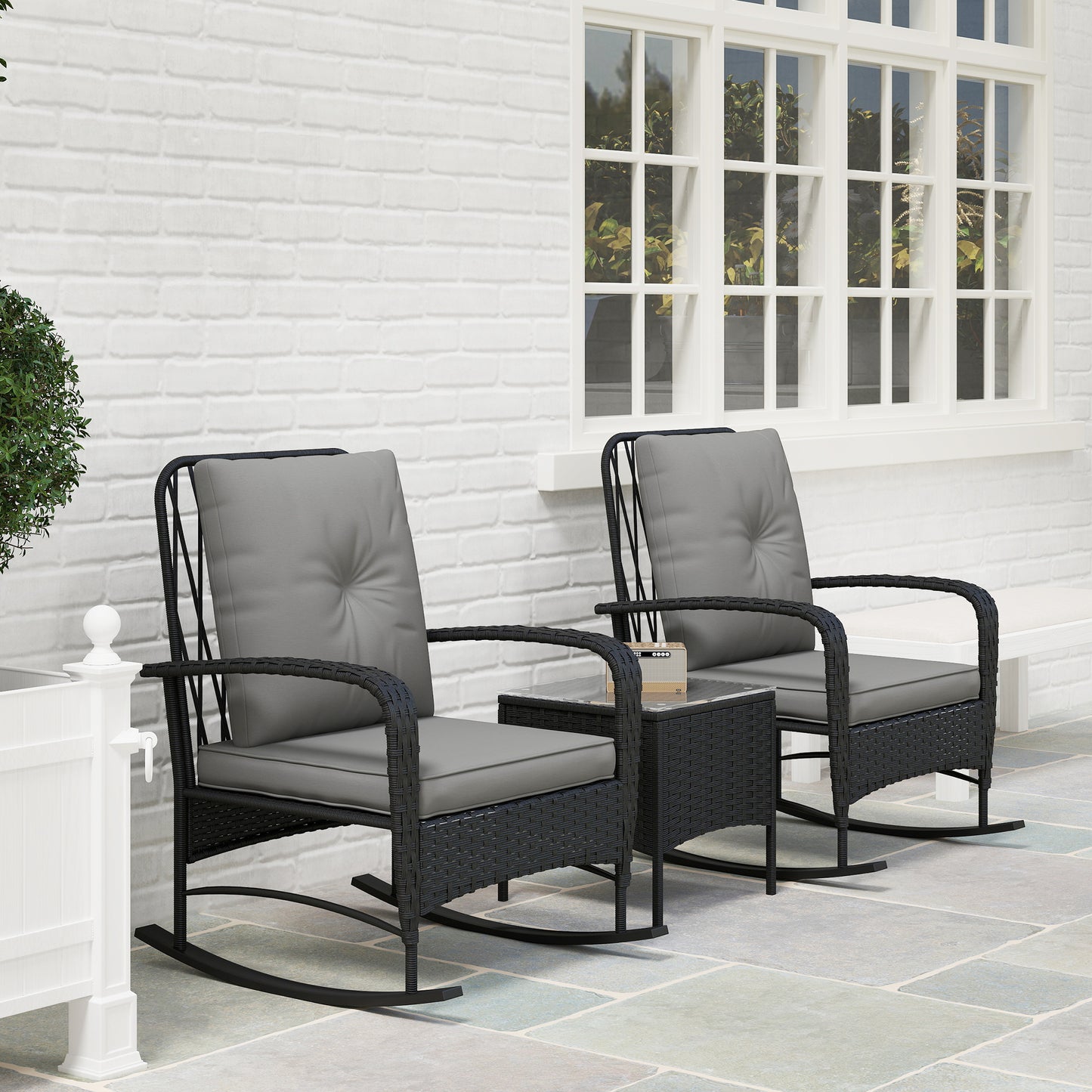 Outsunny Three Piece Rattan Bistro Set With Glass Top Table Two Rocking Chairs Black
