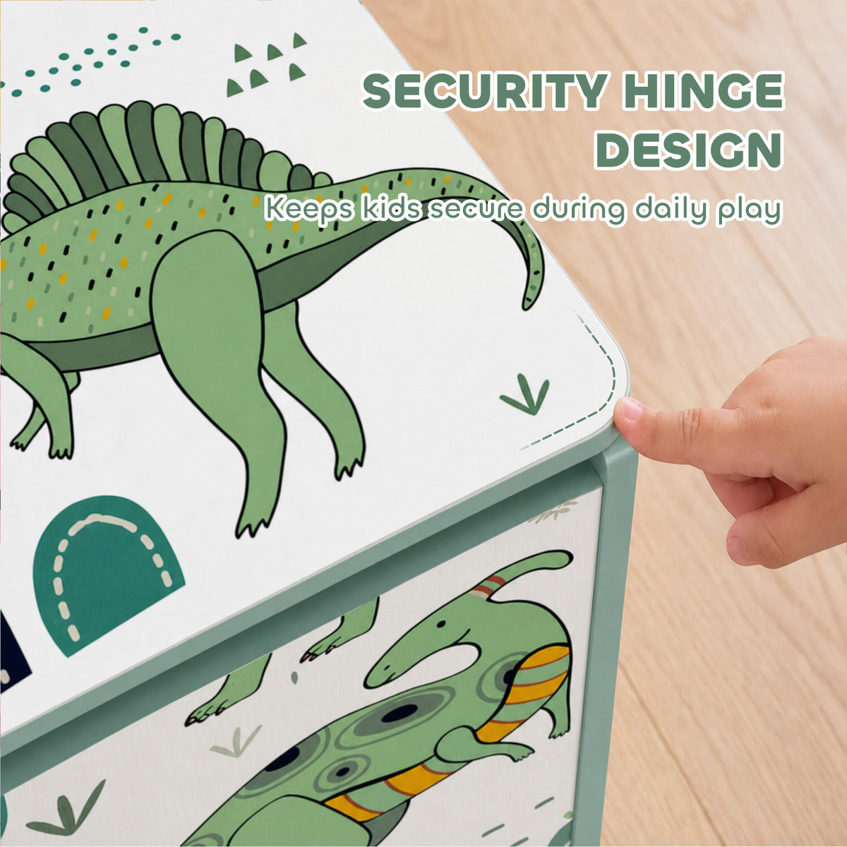 Green dinosaur print wooden storage chest edge with safety hinge close-up